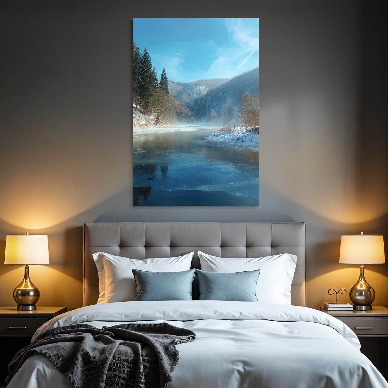 Winter Peaceful Winter Landscape With Evergreen Trees And Frozen Water