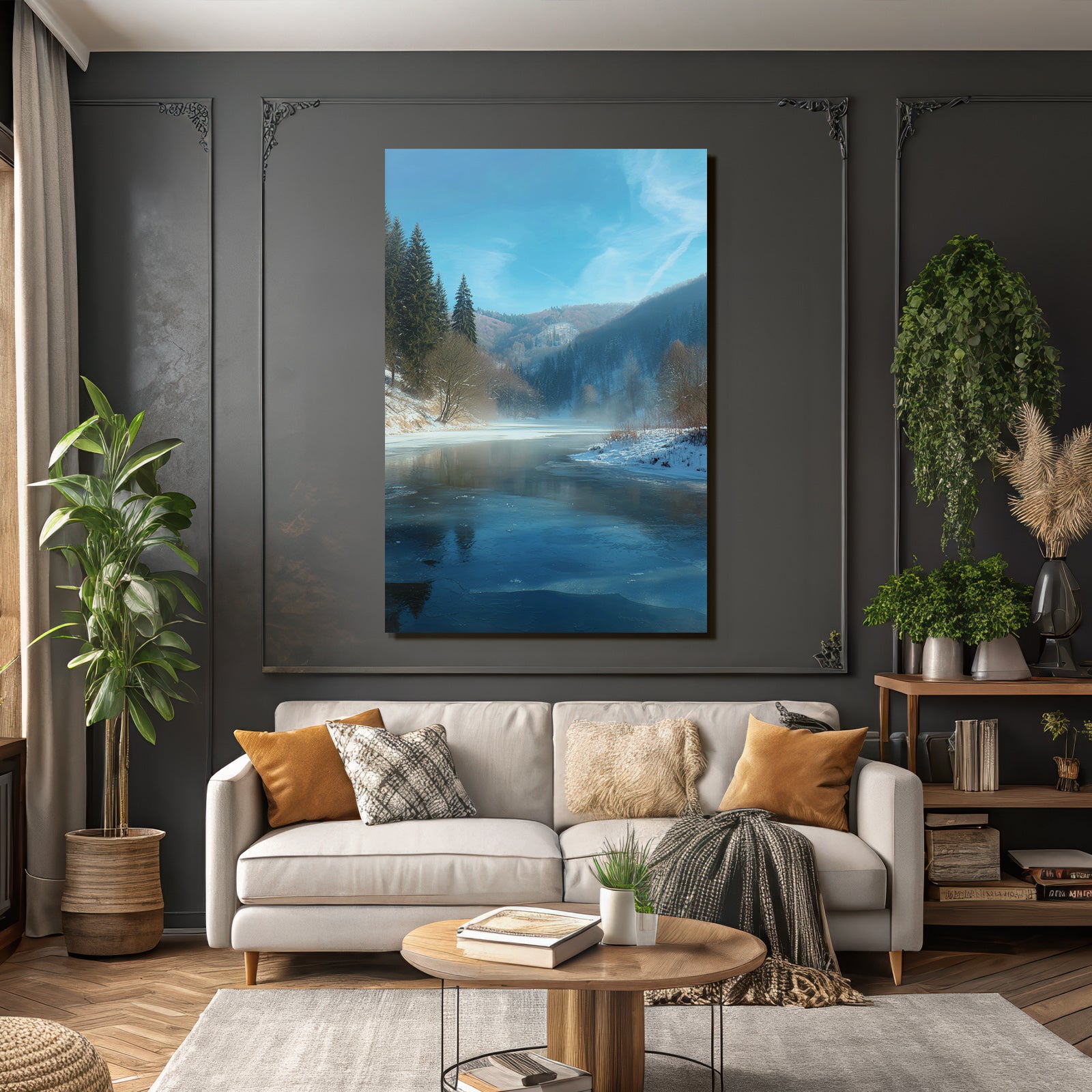 Winter Peaceful Winter Landscape With Evergreen Trees And Frozen Water