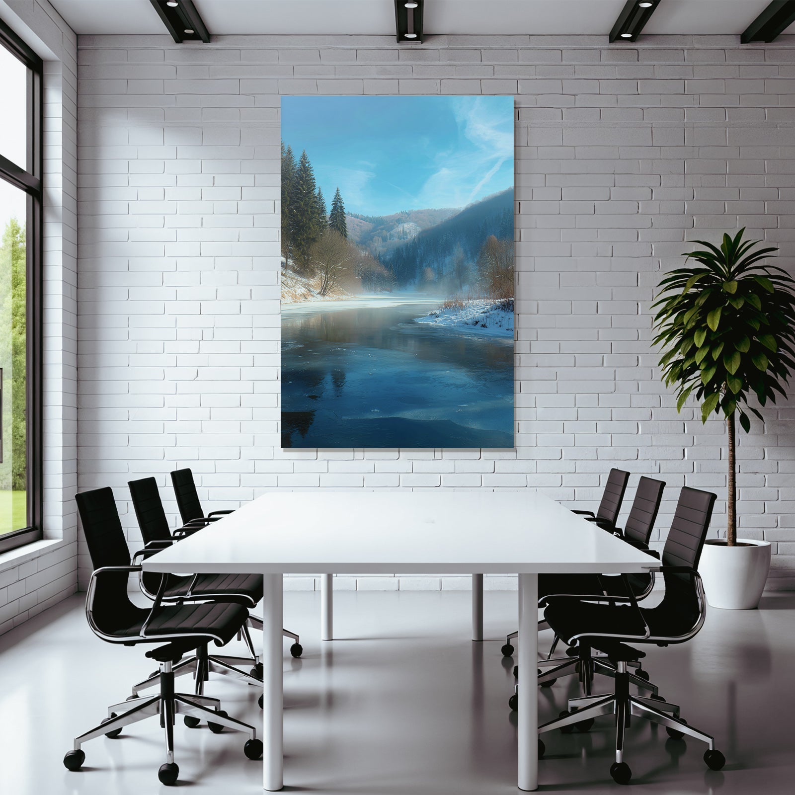 Winter Peaceful Winter Landscape With Evergreen Trees And Frozen Water
