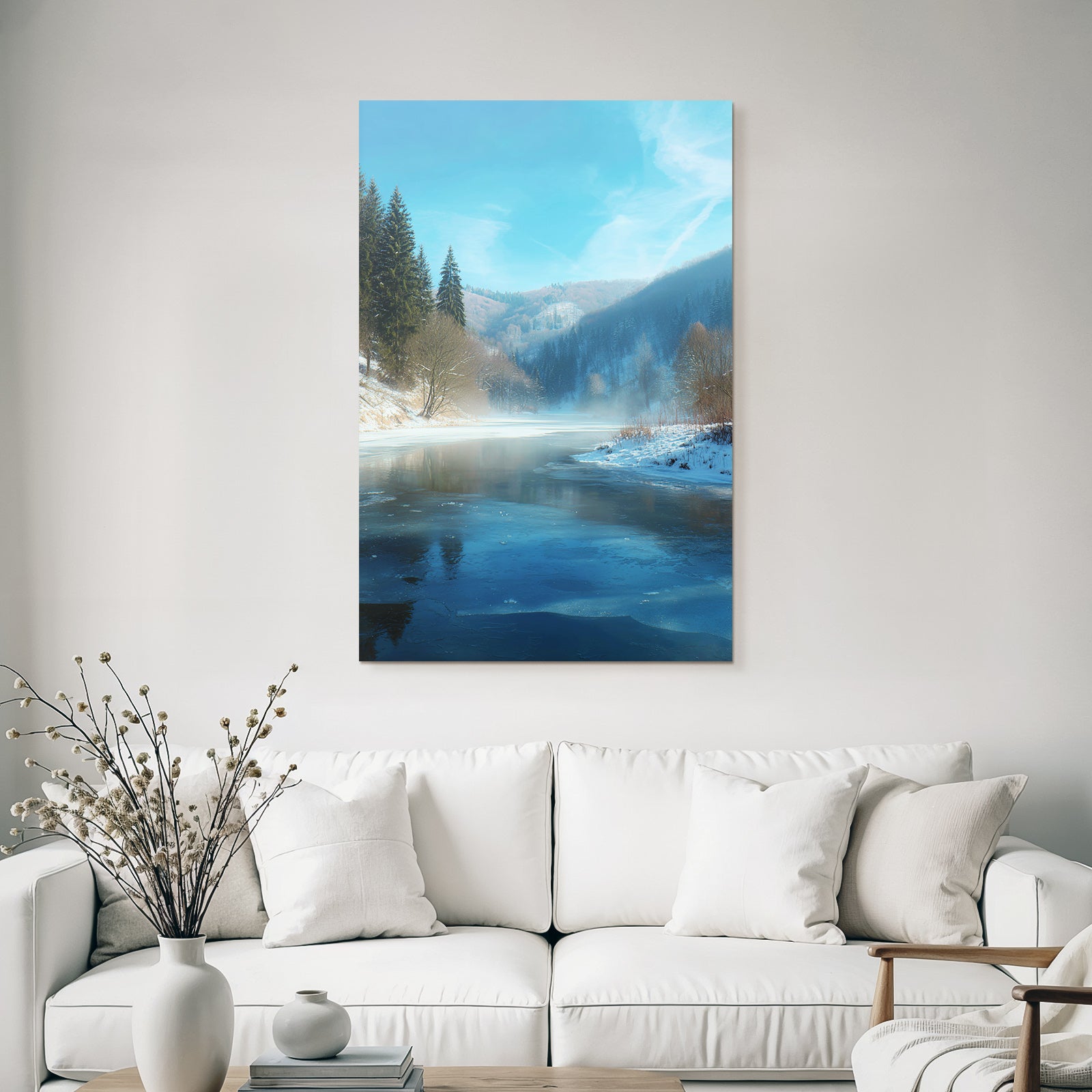 Winter Peaceful Winter Landscape With Evergreen Trees And Frozen Water