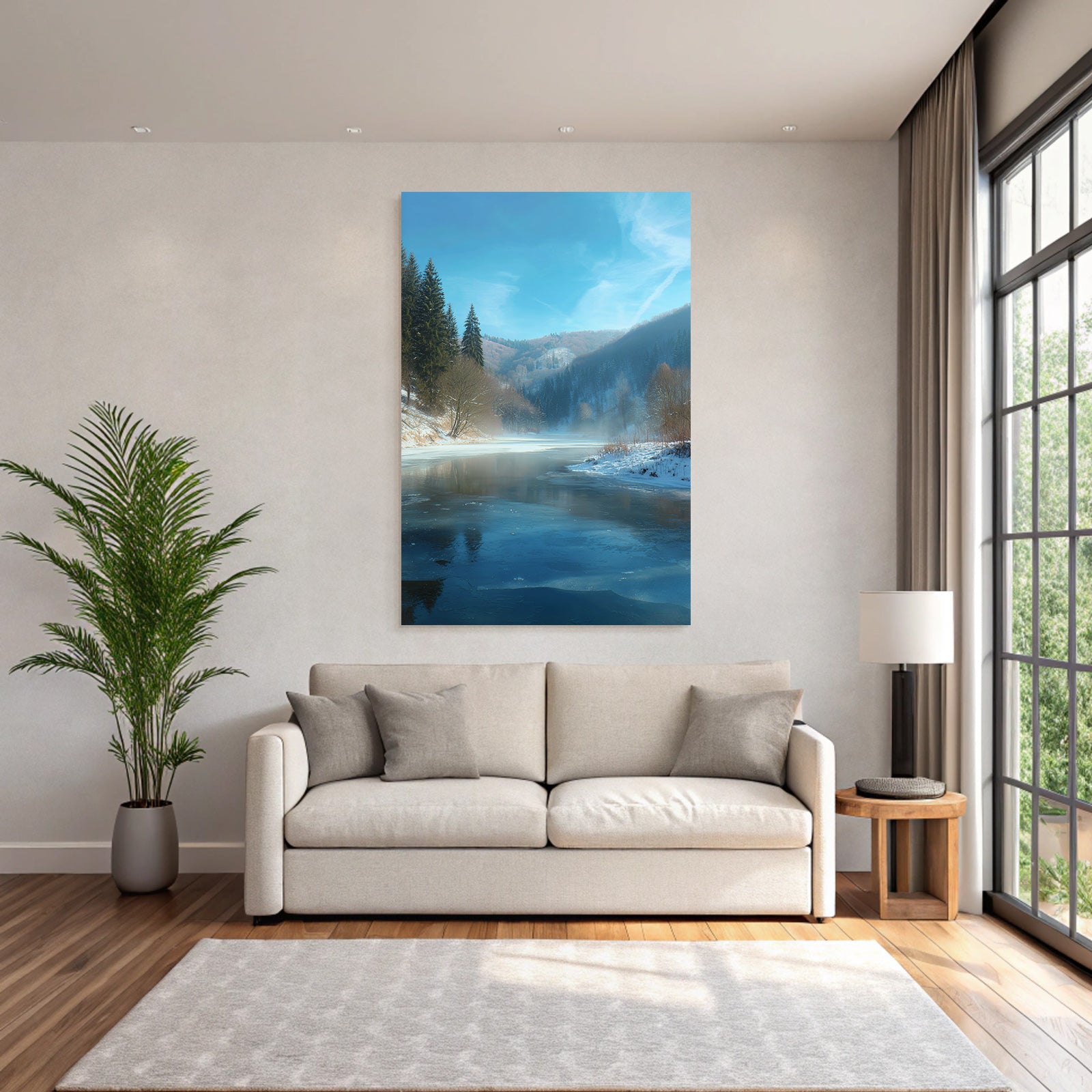Winter Peaceful Winter Landscape With Evergreen Trees And Frozen Water