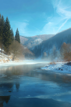Winter Friedliche Winterlandschaft Mit Immergrünen Bäumen Und Gefrorenem Wässer | Winterlandschaften | Landschaften