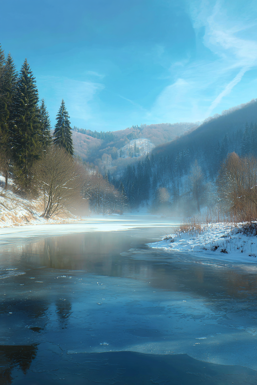 Winter Friedliche Winterlandschaft Mit Immergrünen Bäumen Und Gefrorenem Wässer | Winterlandschaften | Landschaften