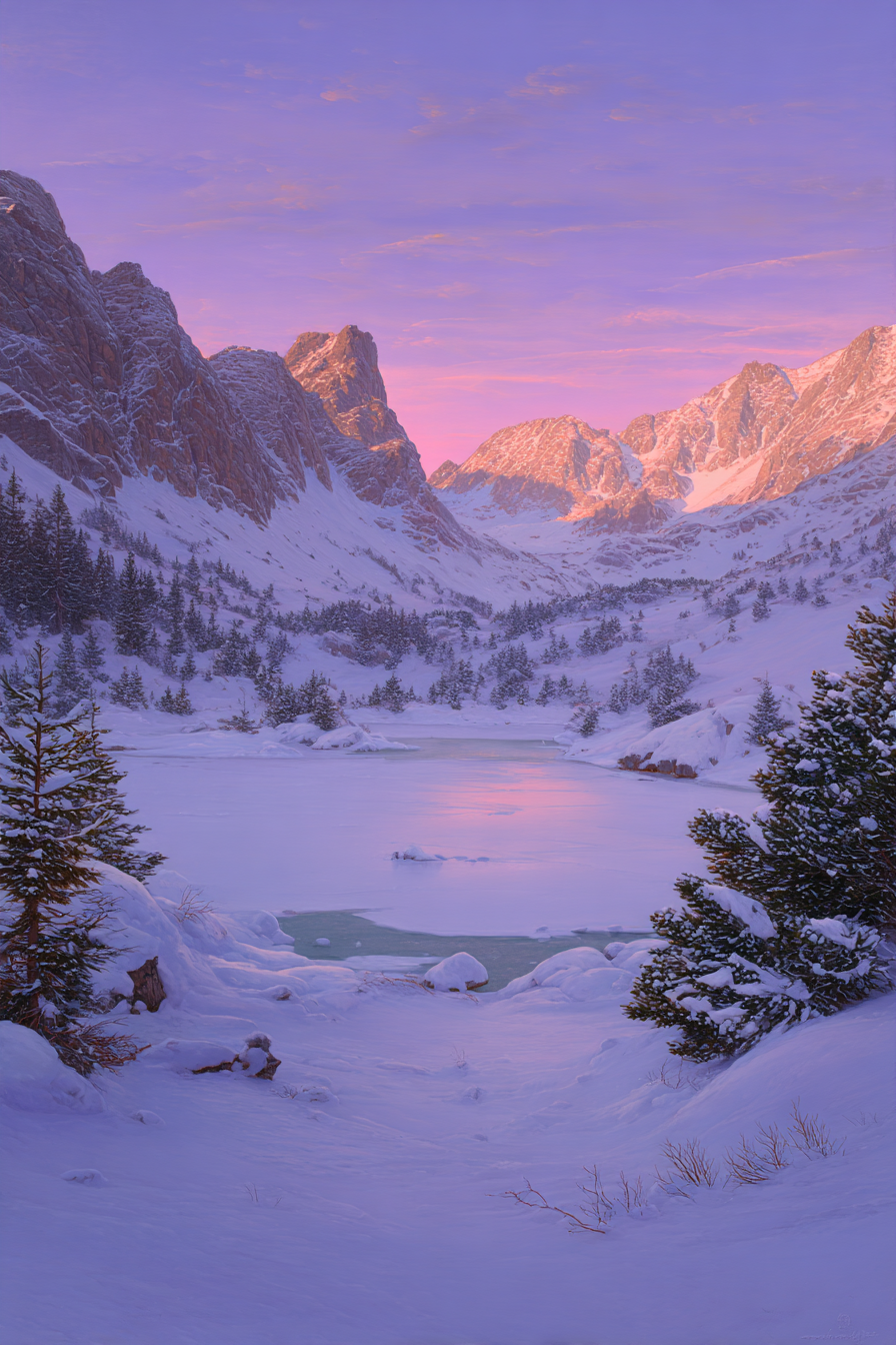 Winter Friedliche Winterlandschaft Mit Schneebedeckten Bergen Und Einem Frohen See | Winterlandschaften | Landschaften