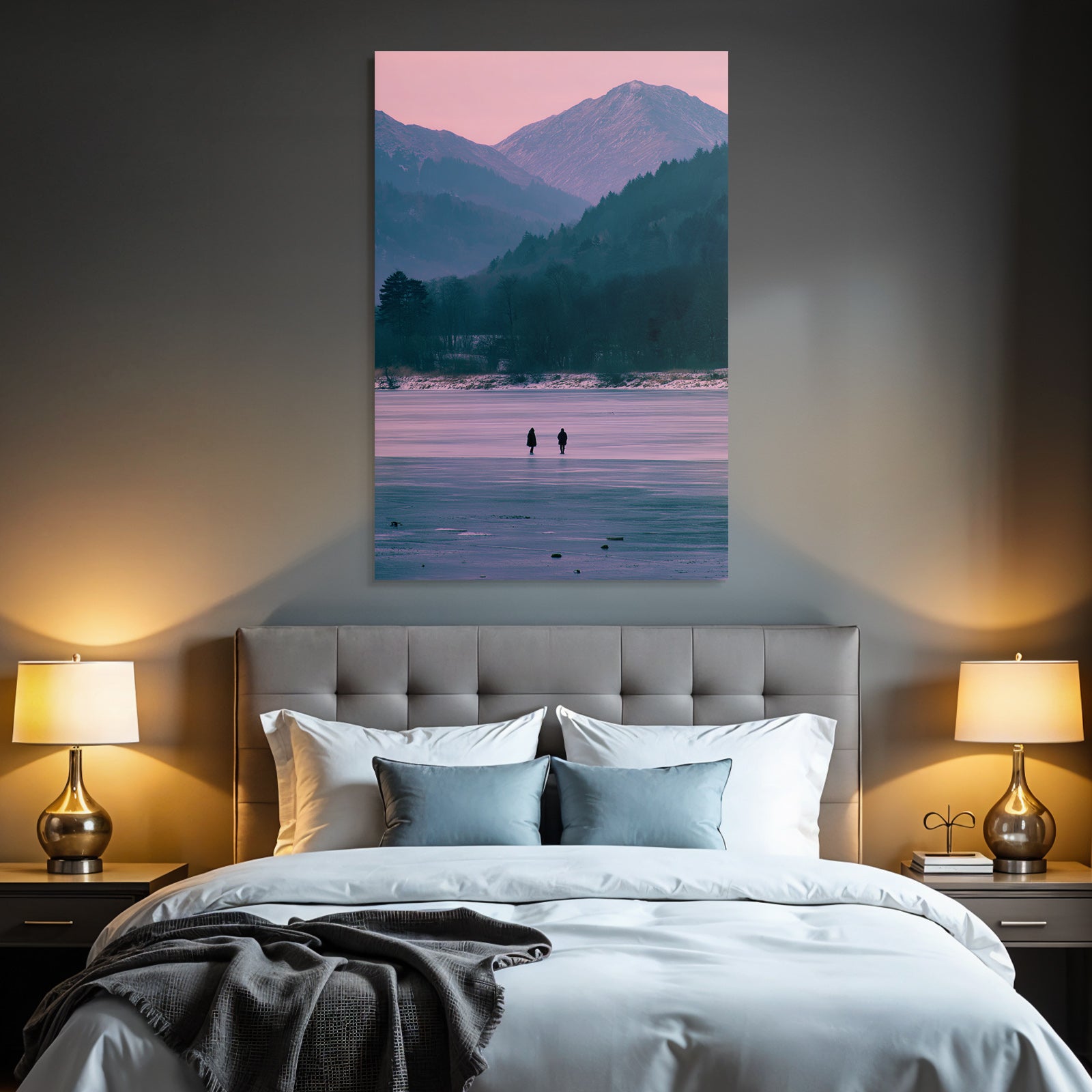 Winter Freezing Lake With Mountains In Background Twilight Scene