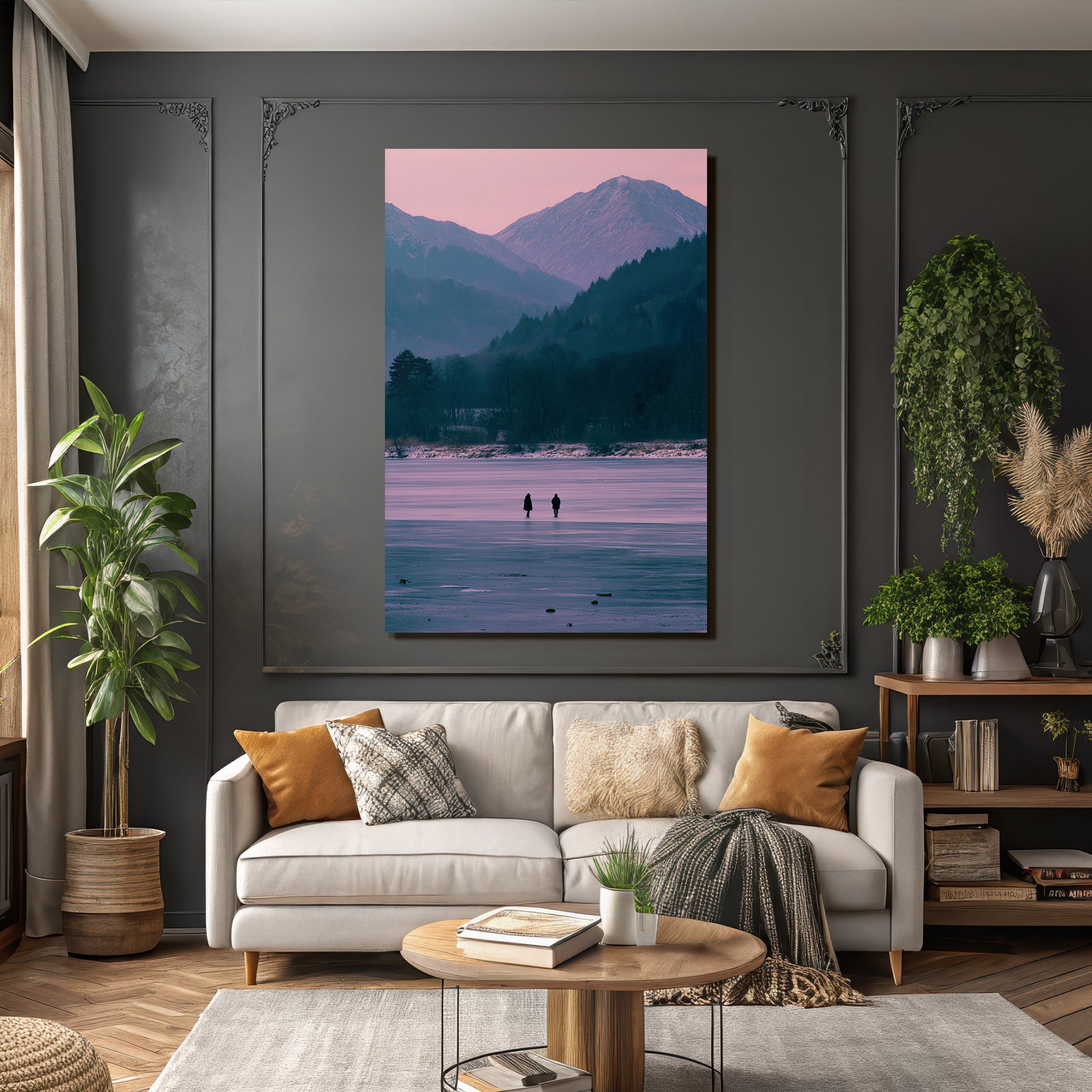 Winter Freezing Lake With Mountains In Background Twilight Scene