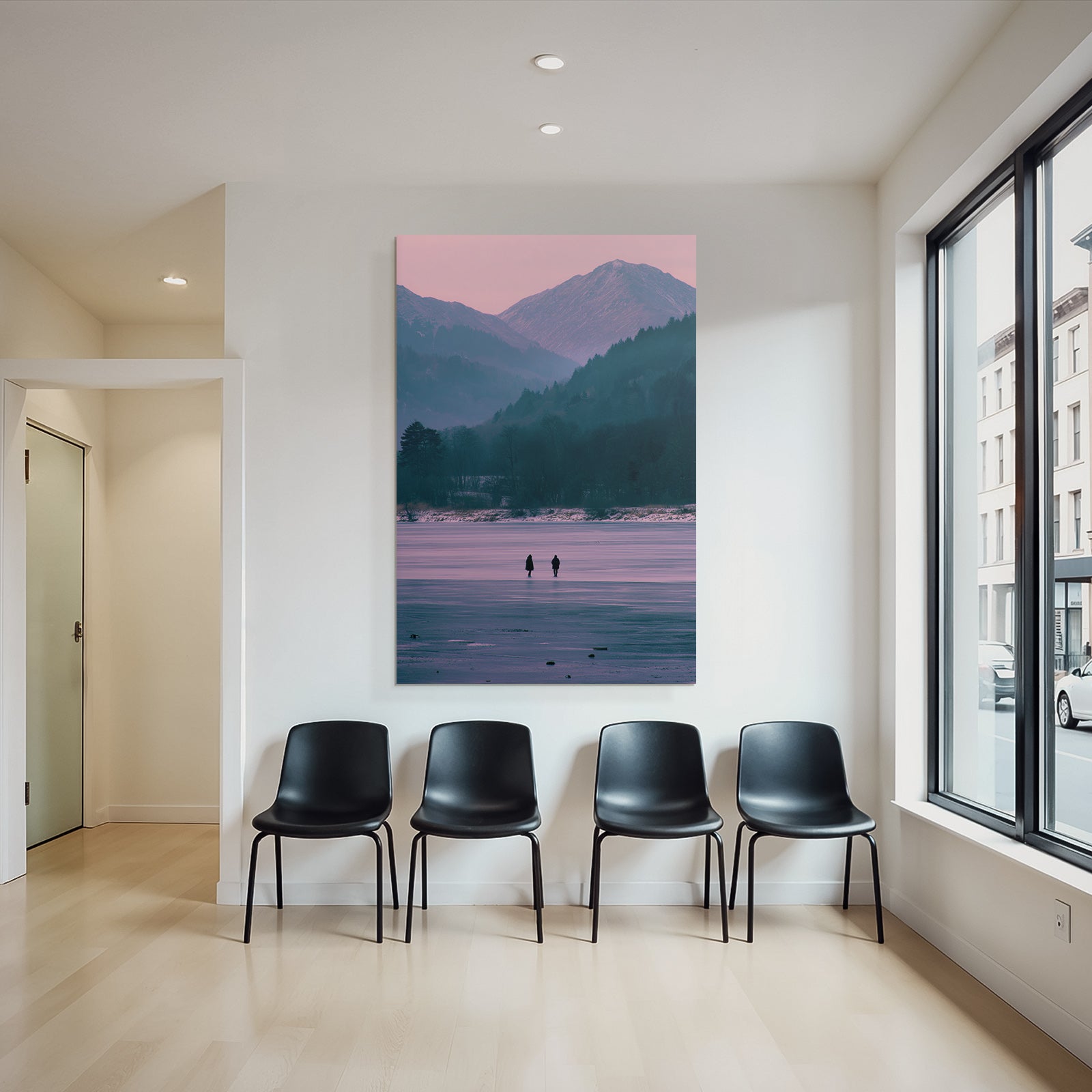 Winter Freezing Lake With Mountains In Background Twilight Scene