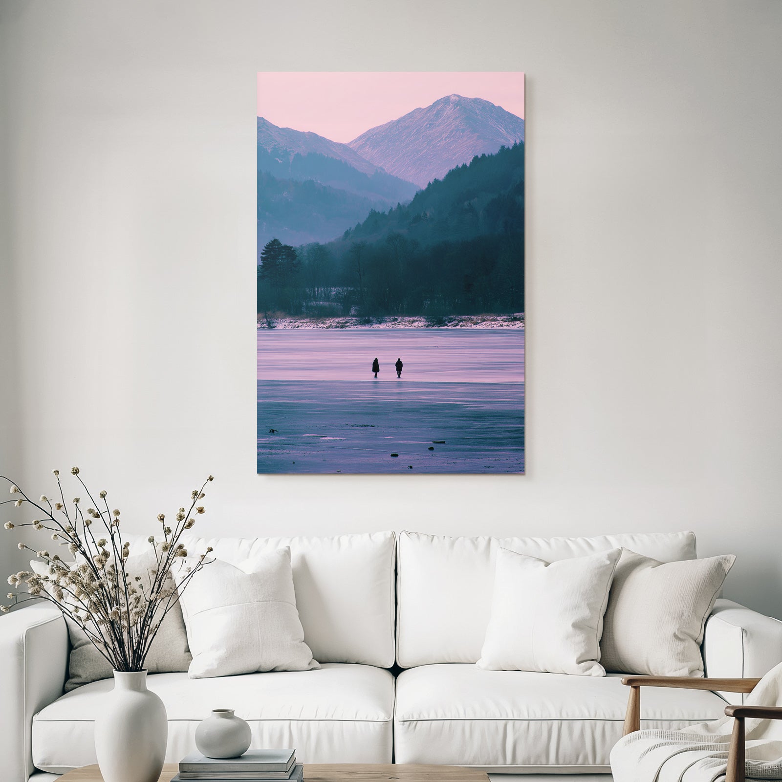 Winter Freezing Lake With Mountains In Background Twilight Scene