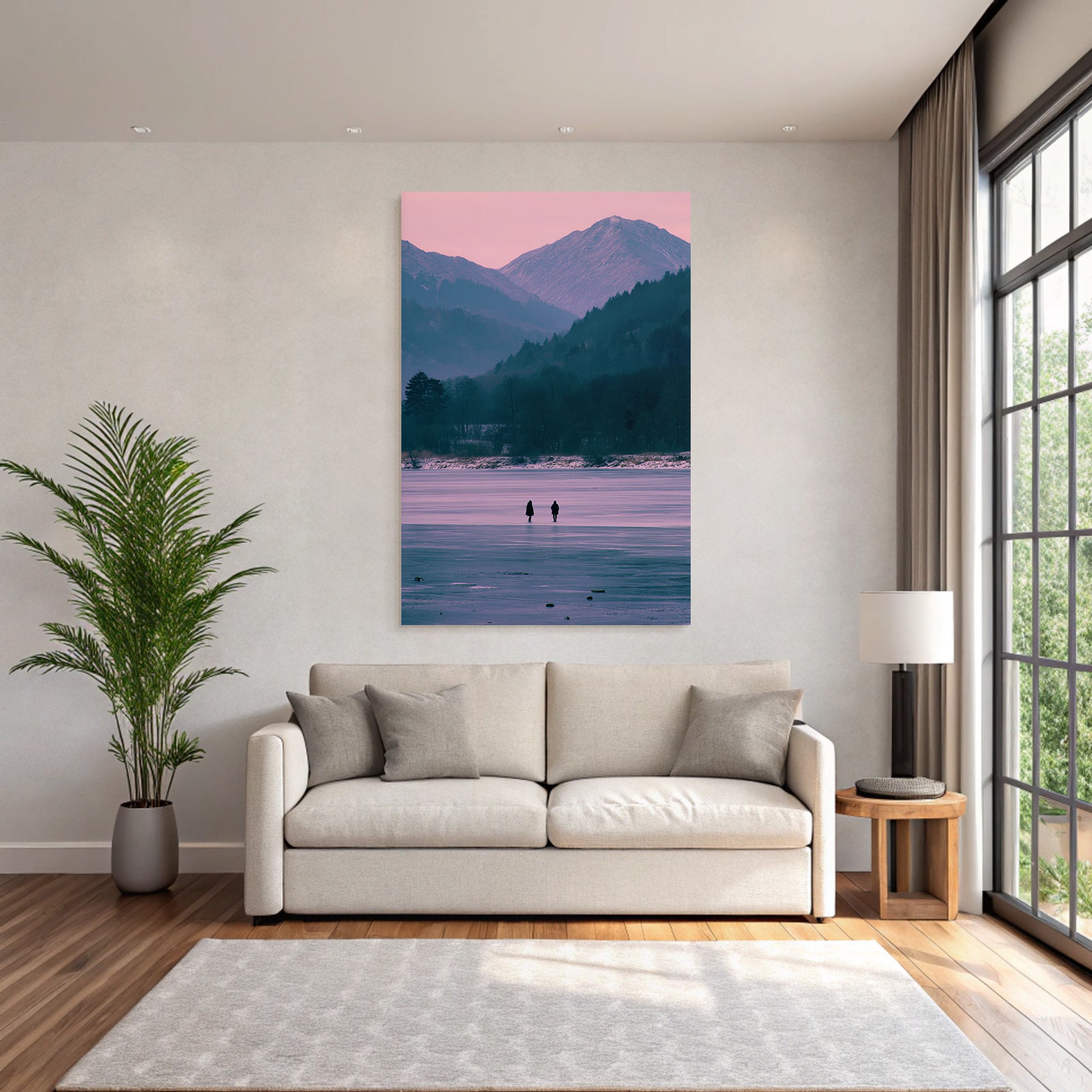 Winter Freezing Lake With Mountains In Background Twilight Scene