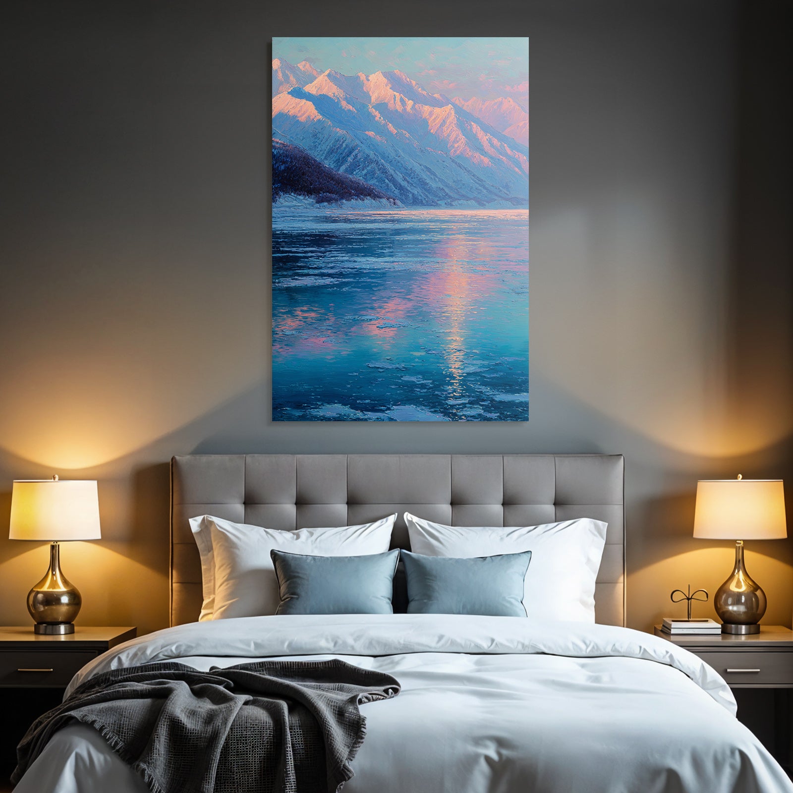 Winter Majestic Snow-capped Mountains Reflected in Lake Tranquil Atmosphere Dawn