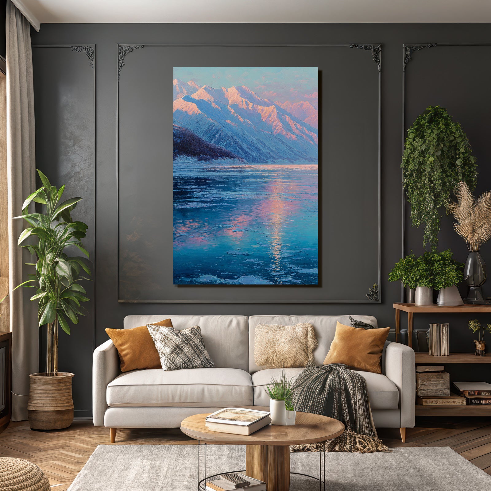 Winter Majestic Snow-capped Mountains Reflected in Lake Tranquil Atmosphere Dawn
