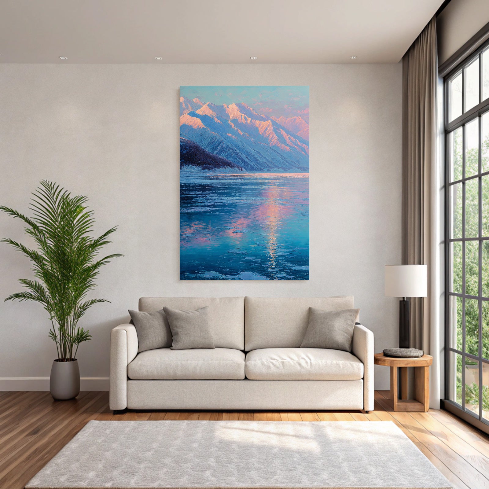 Winter Majestic Snow-capped Mountains Reflected in Lake Tranquil Atmosphere Dawn
