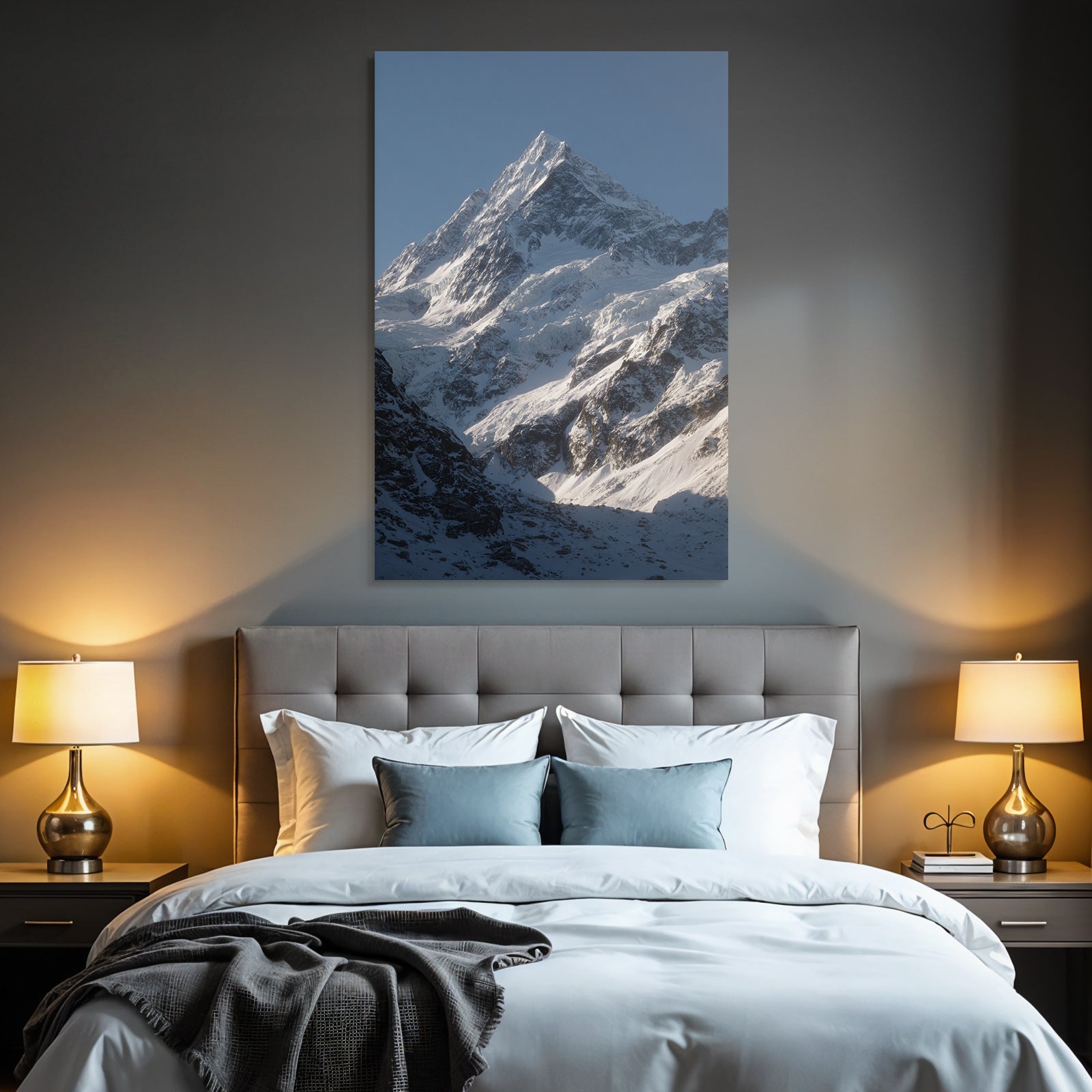 Winter Majestic Snow-capped Mountain Peak Under a Clear Blue Sky