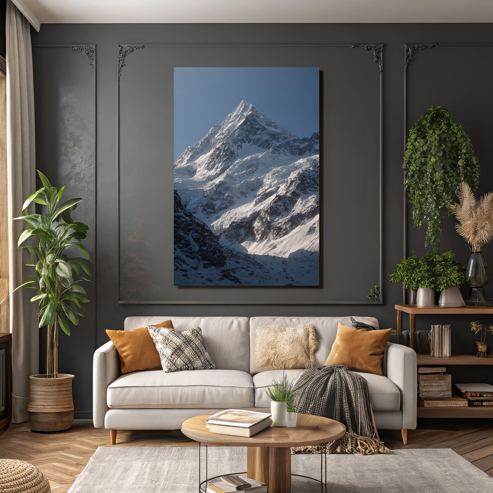 Winter Majestic Snow-capped Mountain Peak Under a Clear Blue Sky