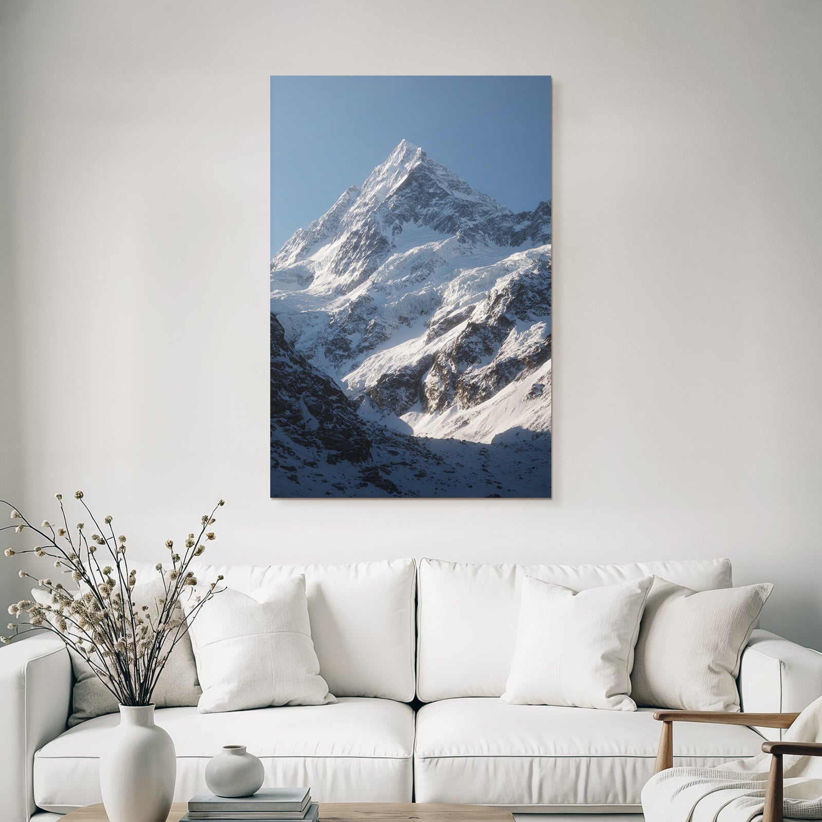 Winter Majestic Snow-capped Mountain Peak Under a Clear Blue Sky