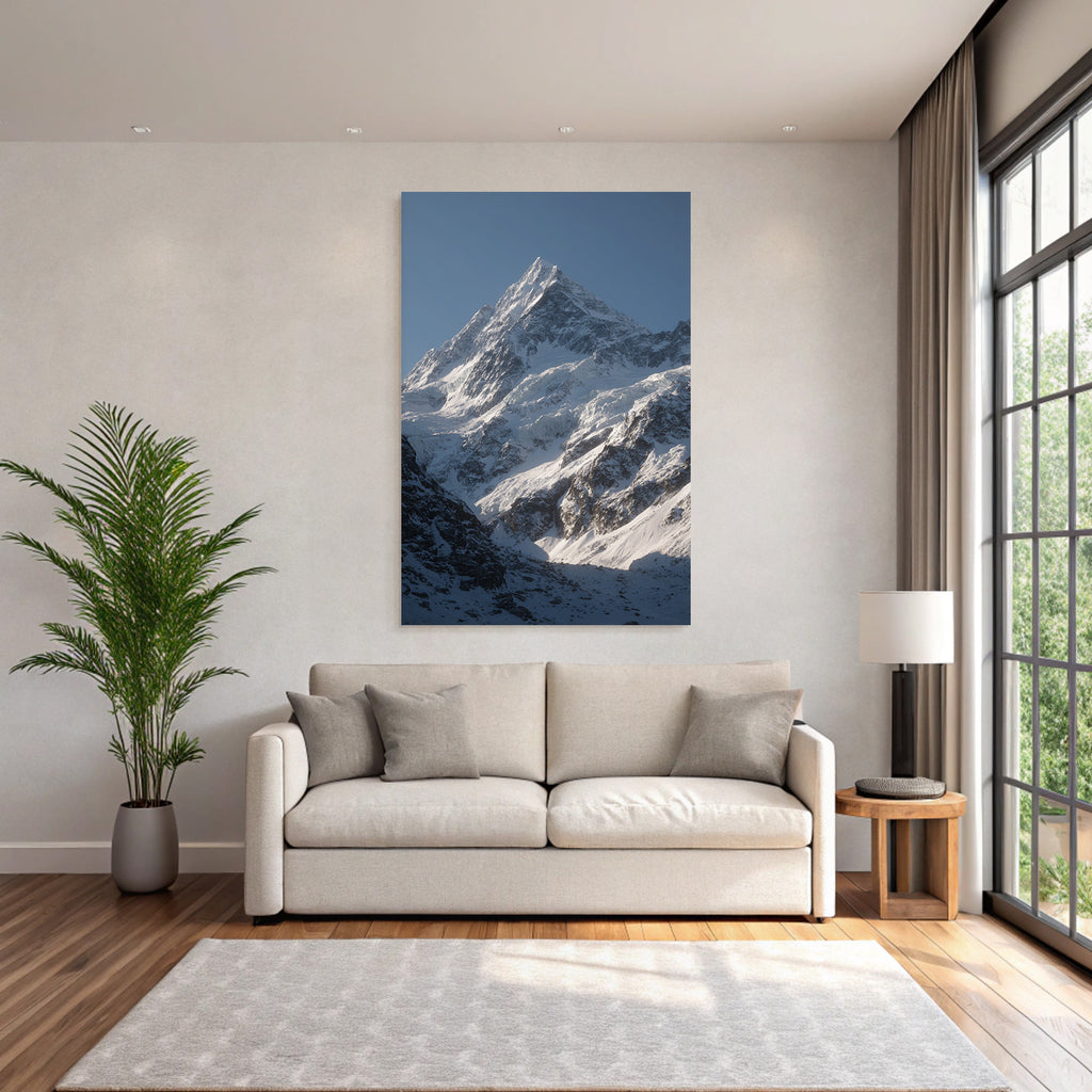Winter Majestic Snow-capped Mountain Peak Under a Clear Blue Sky