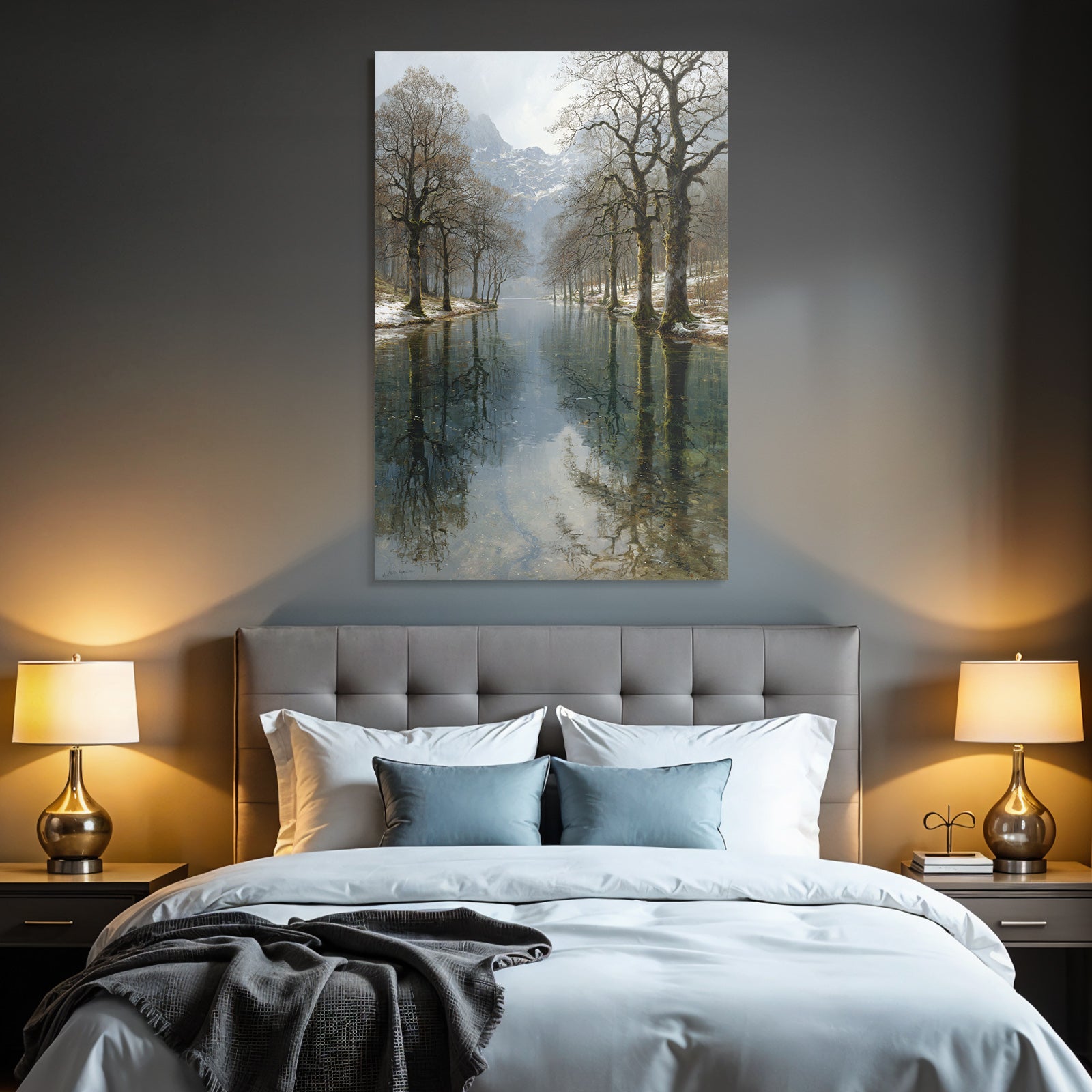 Winter Tranquil Landscape Natural Tree Mountains Reflecting Water Winter Spring