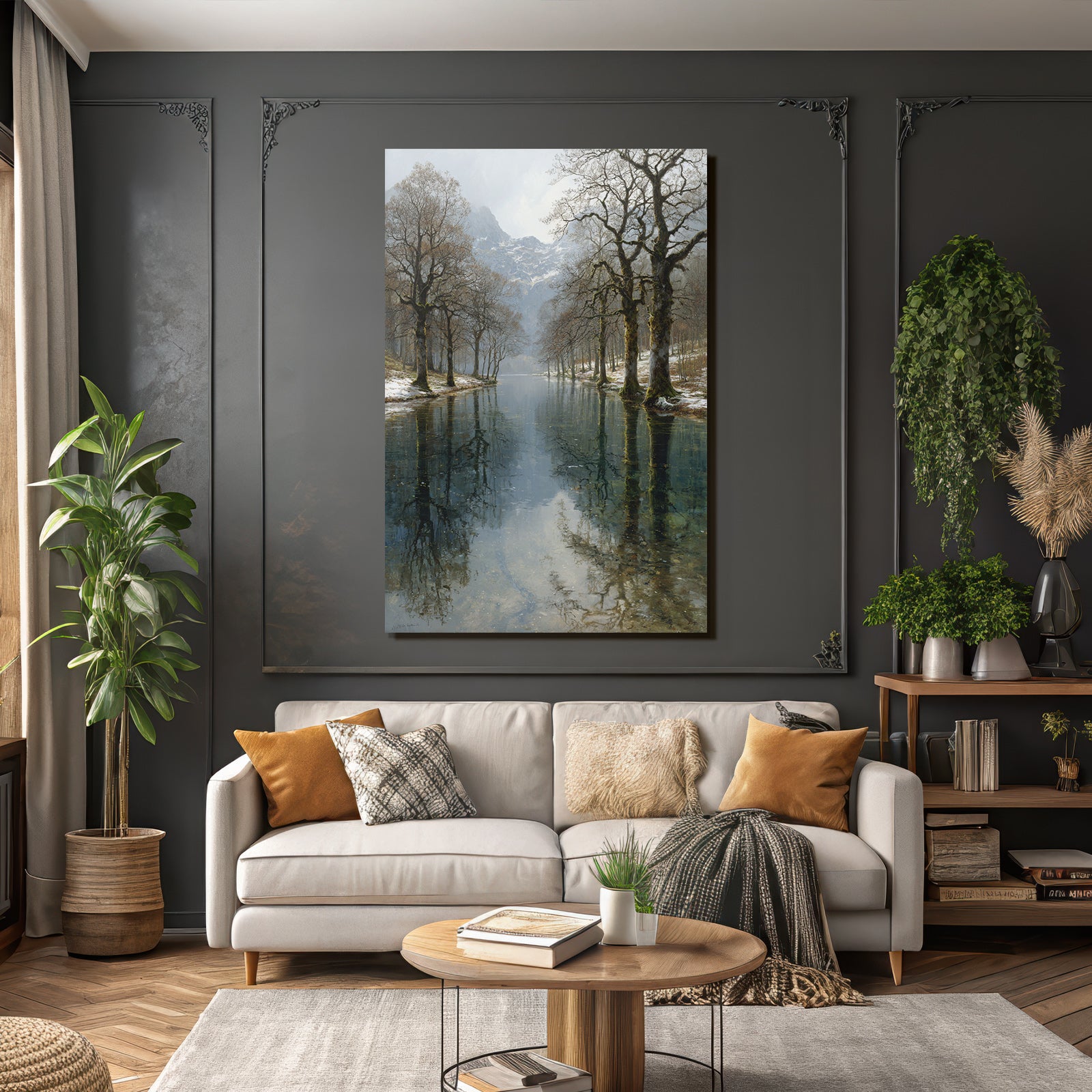 Winter Tranquil Landscape Natural Tree Mountains Reflecting Water Winter Spring