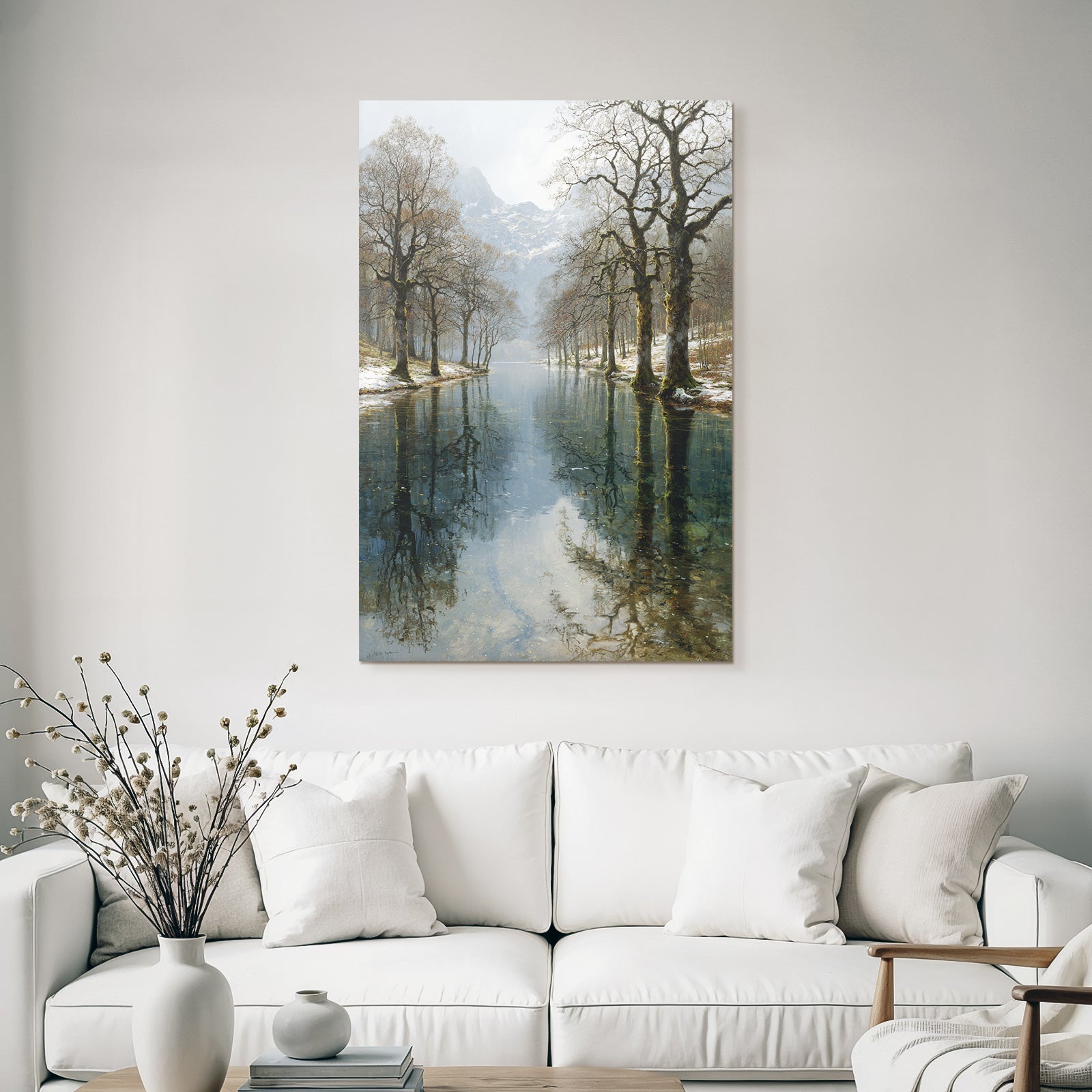 Winter Tranquil Landscape Natural Tree Mountains Reflecting Water Winter Spring