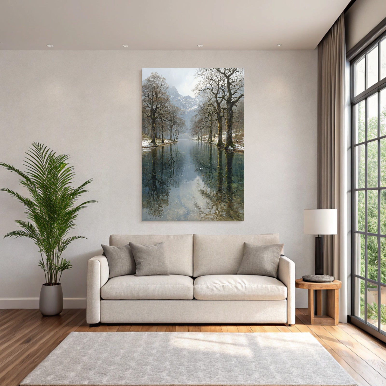 Winter Tranquil Landscape Natural Tree Mountains Reflecting Water Winter Spring