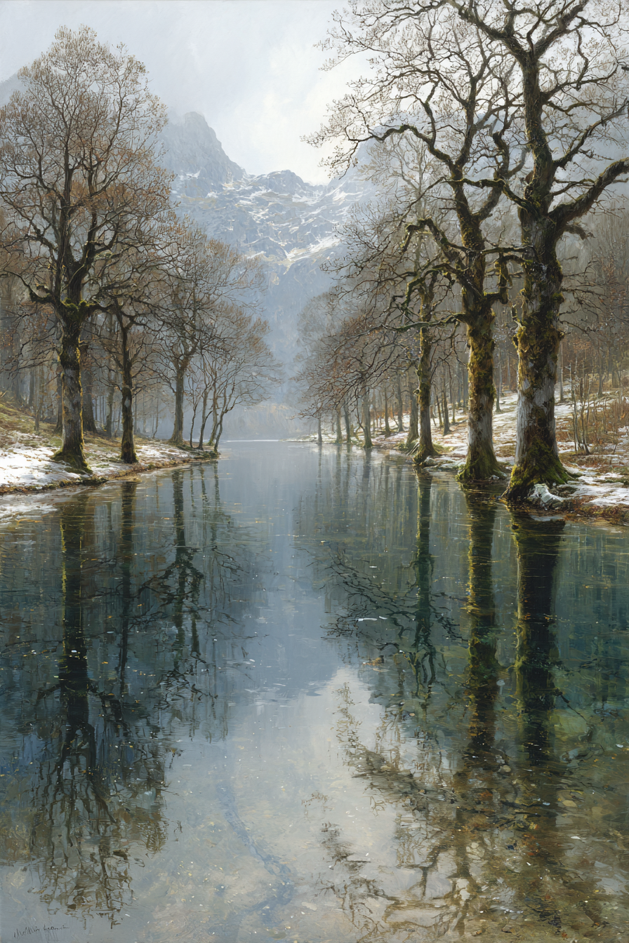 Winter Ruhige Landschaft Naturbaum Berge Reflektierendes Wasser Winterfrühling | Winterlandschaften | Landschaften