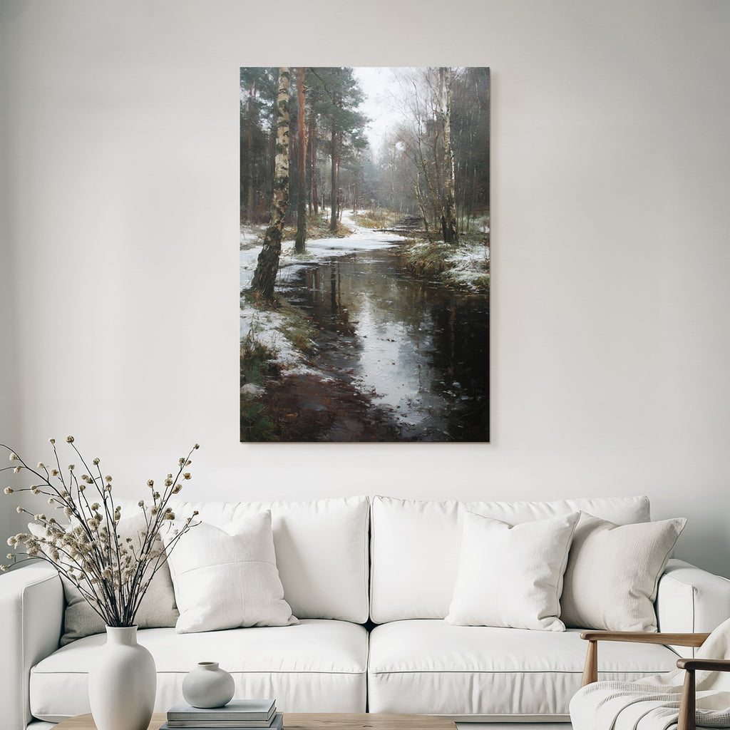 Winter Tranquil Winter Landscape Birch Stream Reflections