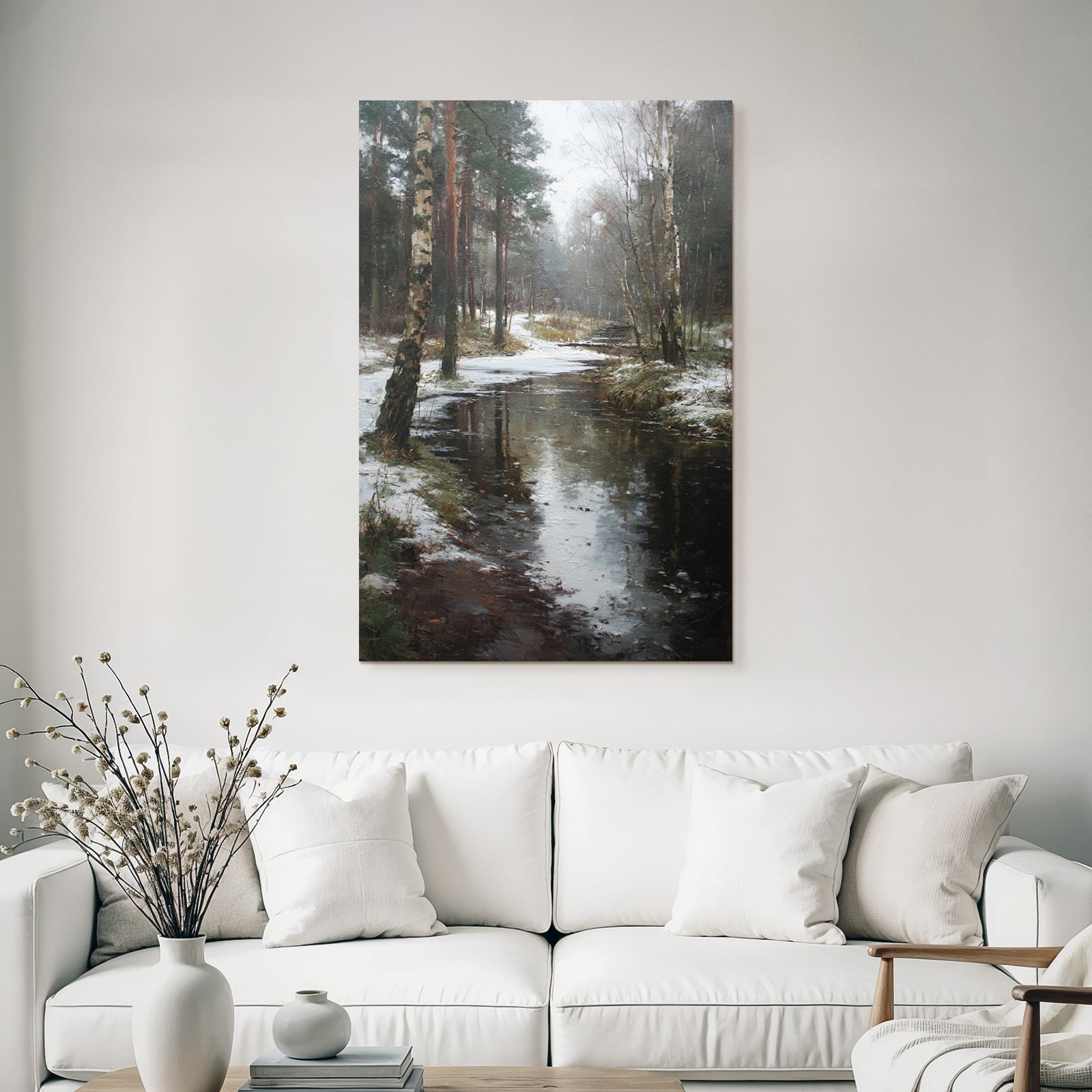 Winter Tranquil Winter Landscape Birch Stream Reflections