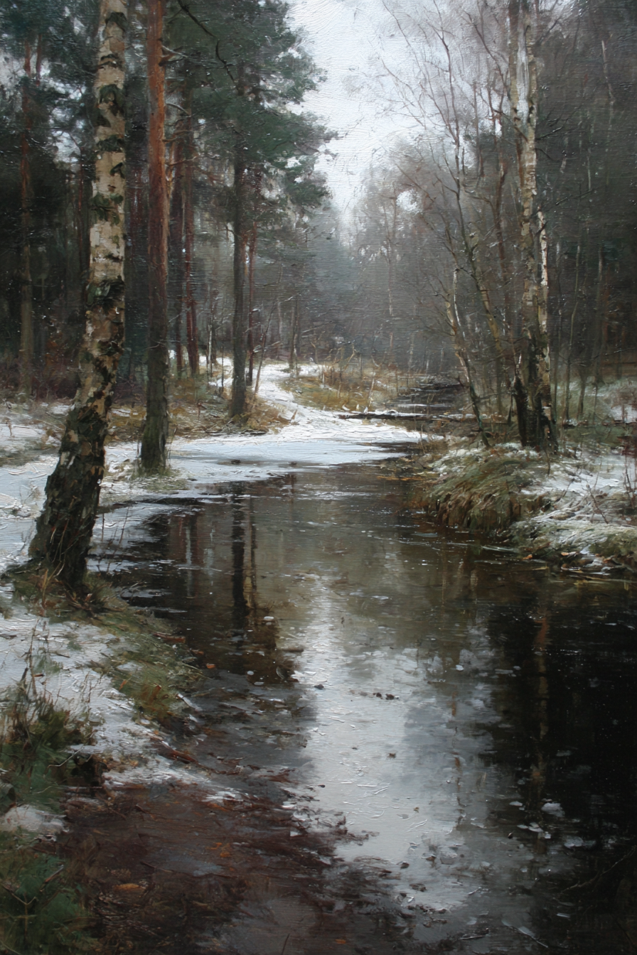 Winter Ruhige Winterlandschaft Birke Stream Reflexionen | Winterlandschaften | Landschaften
