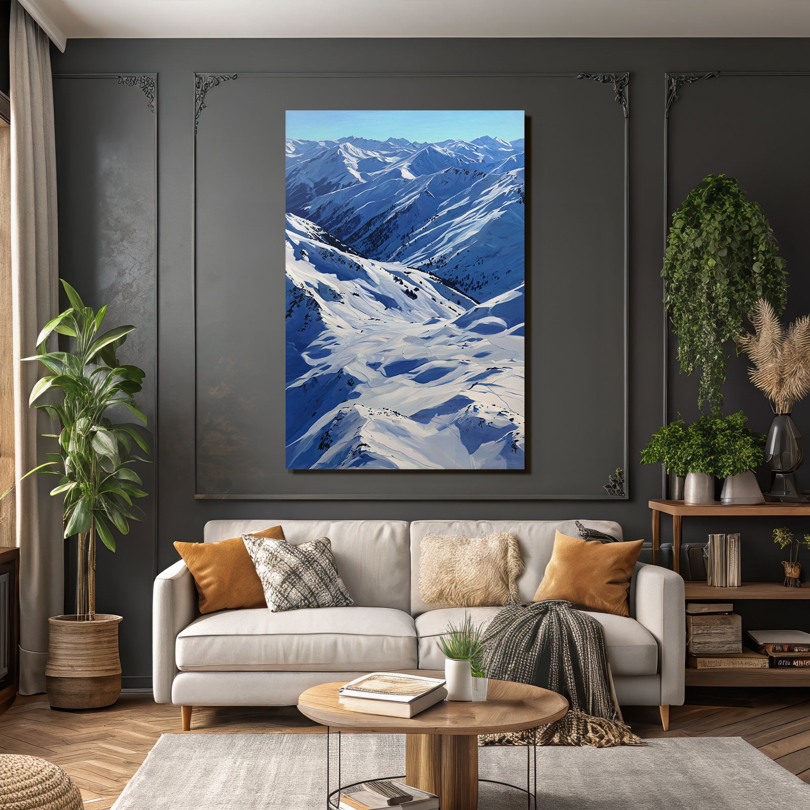 Winter snow-covered mountain landscape with blue sky