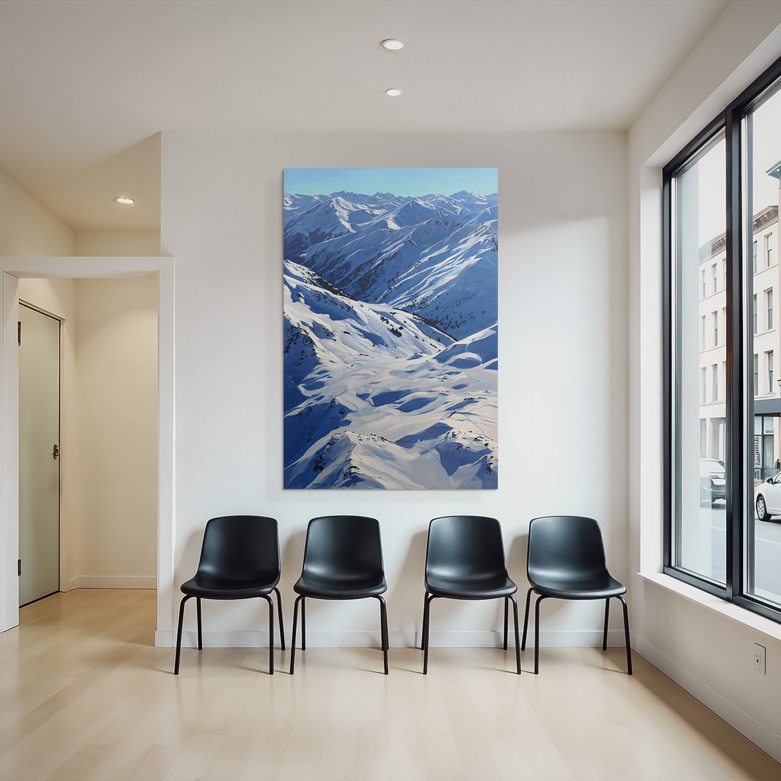 Winter snow-covered mountain landscape with blue sky