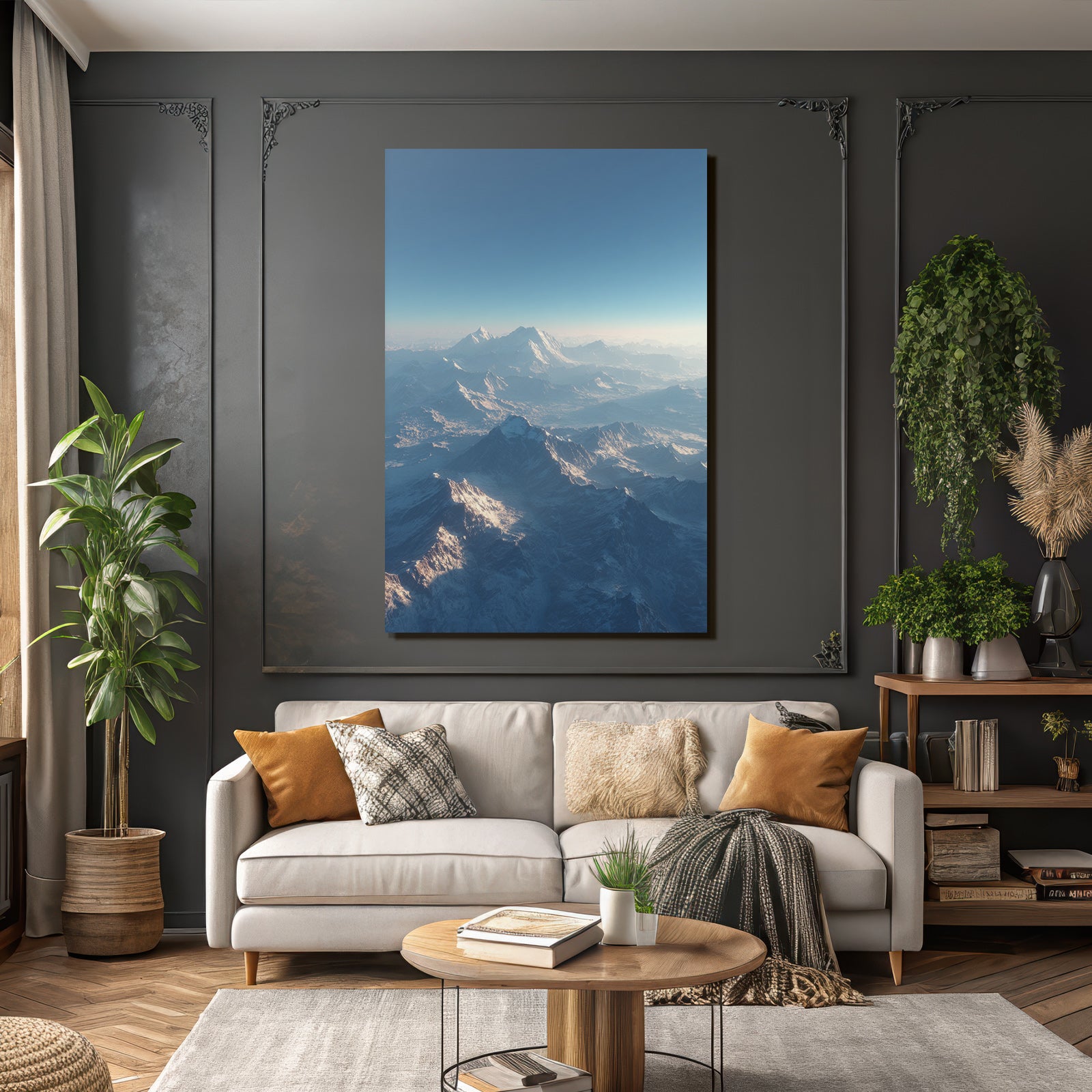 Winter snow-covered mountain landscape with clear sky