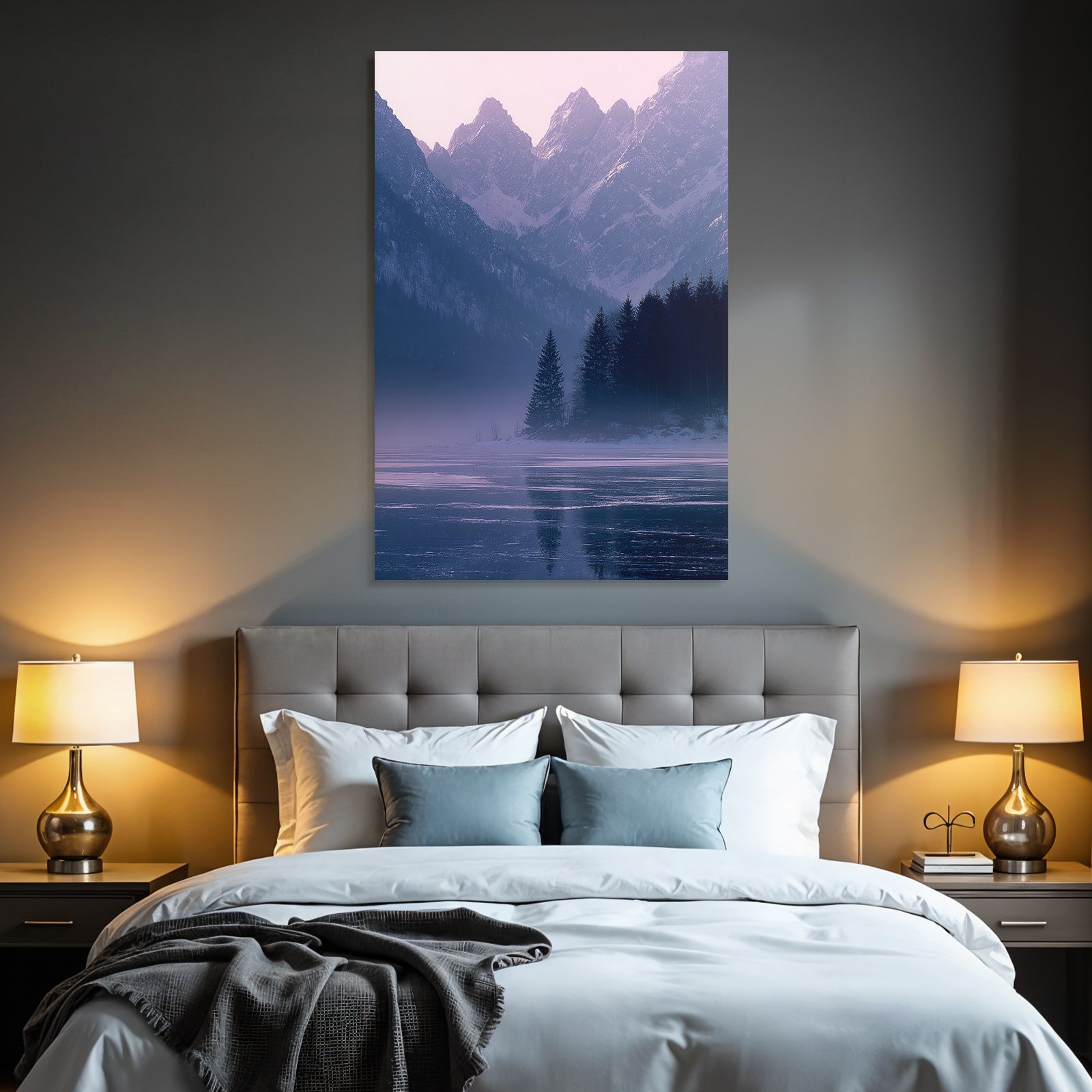 Winter snow-covered mountain landscape with lake in fog, tranquil atmosphere