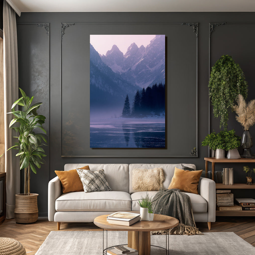 Winter snow-covered mountain landscape with lake in fog, tranquil atmosphere