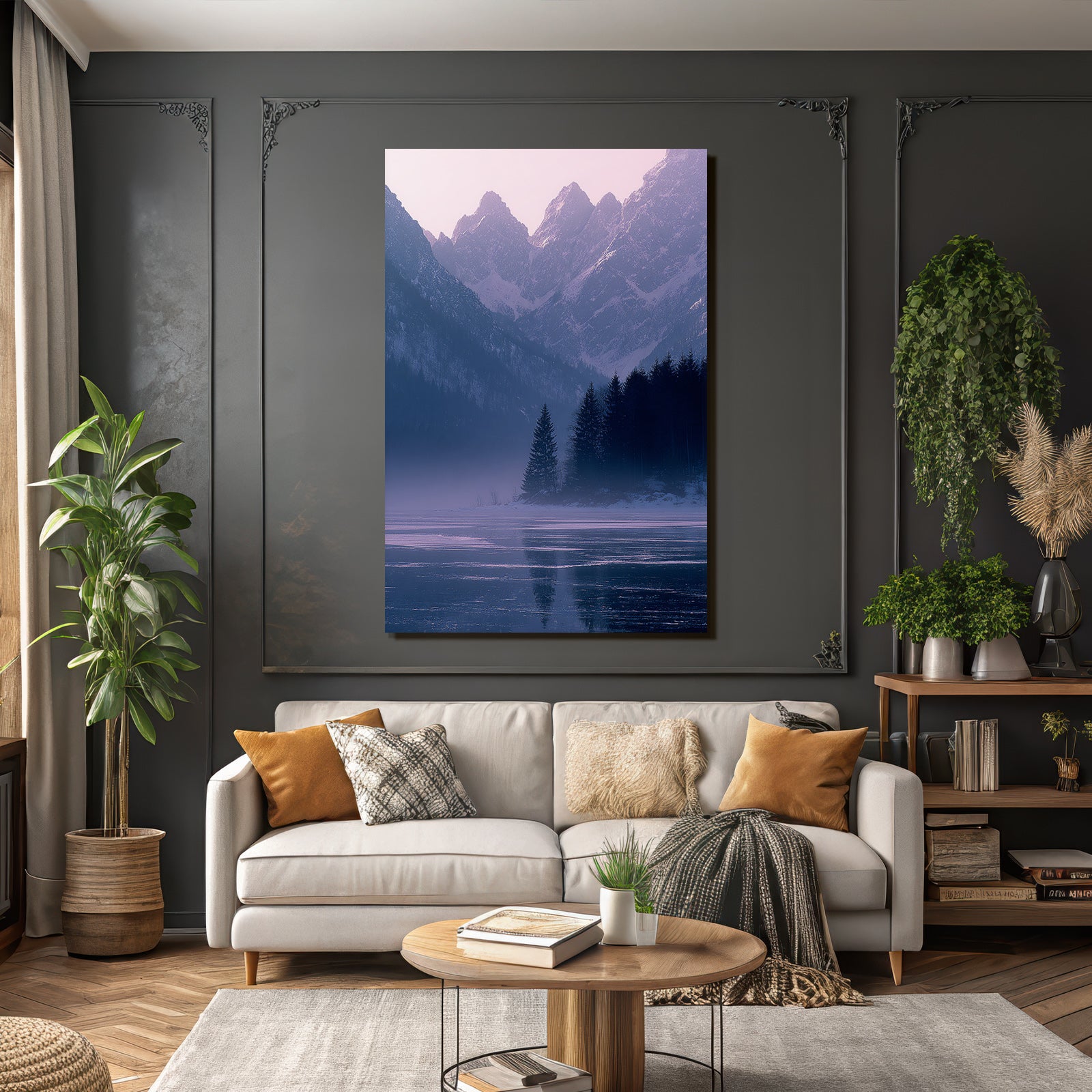 Winter snow-covered mountain landscape with lake in fog, tranquil atmosphere