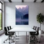 Winter snow-covered mountain landscape with lake in fog, tranquil atmosphere
