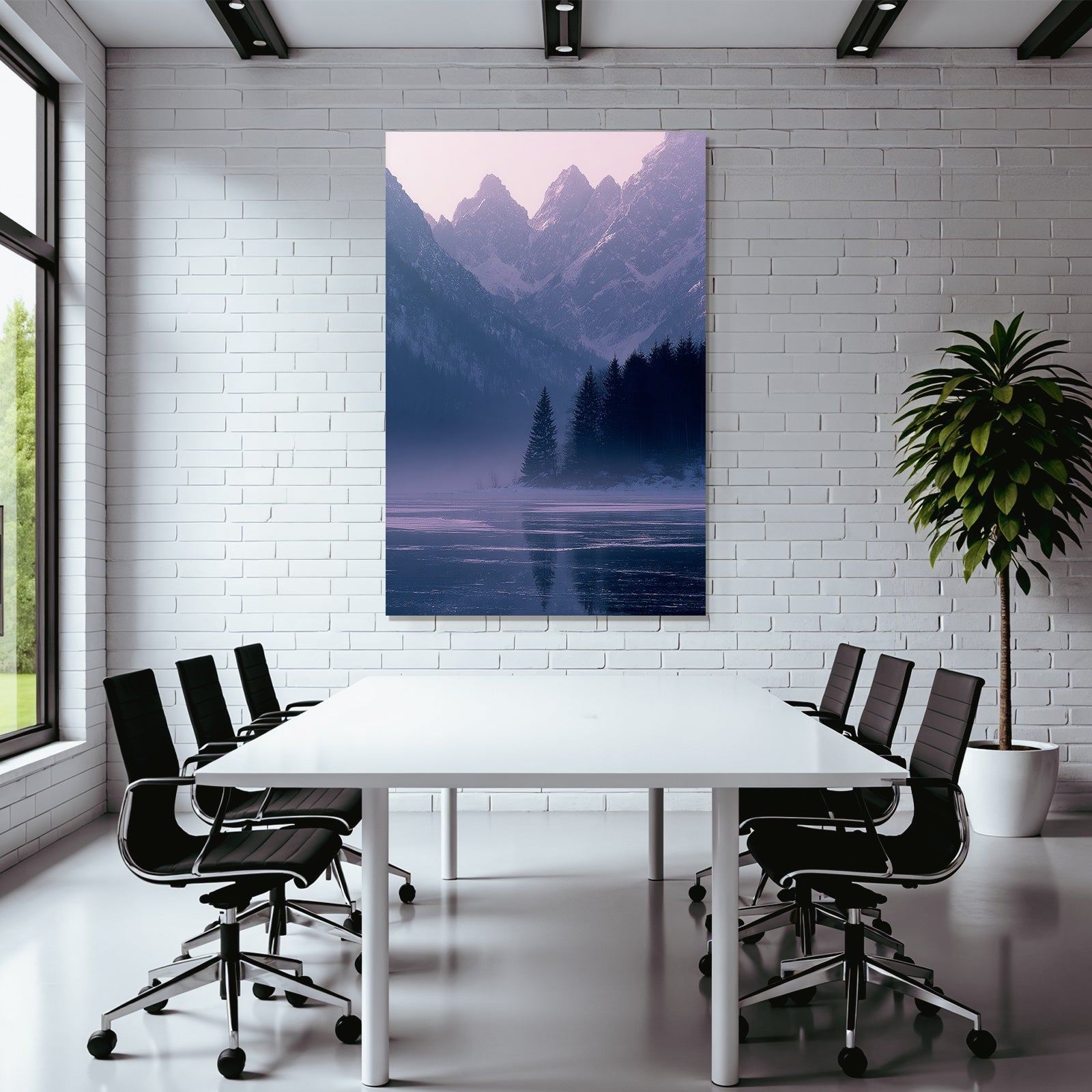Winter snow-covered mountain landscape with lake in fog, tranquil atmosphere
