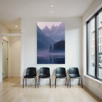 Winter snow-covered mountain landscape with lake in fog, tranquil atmosphere