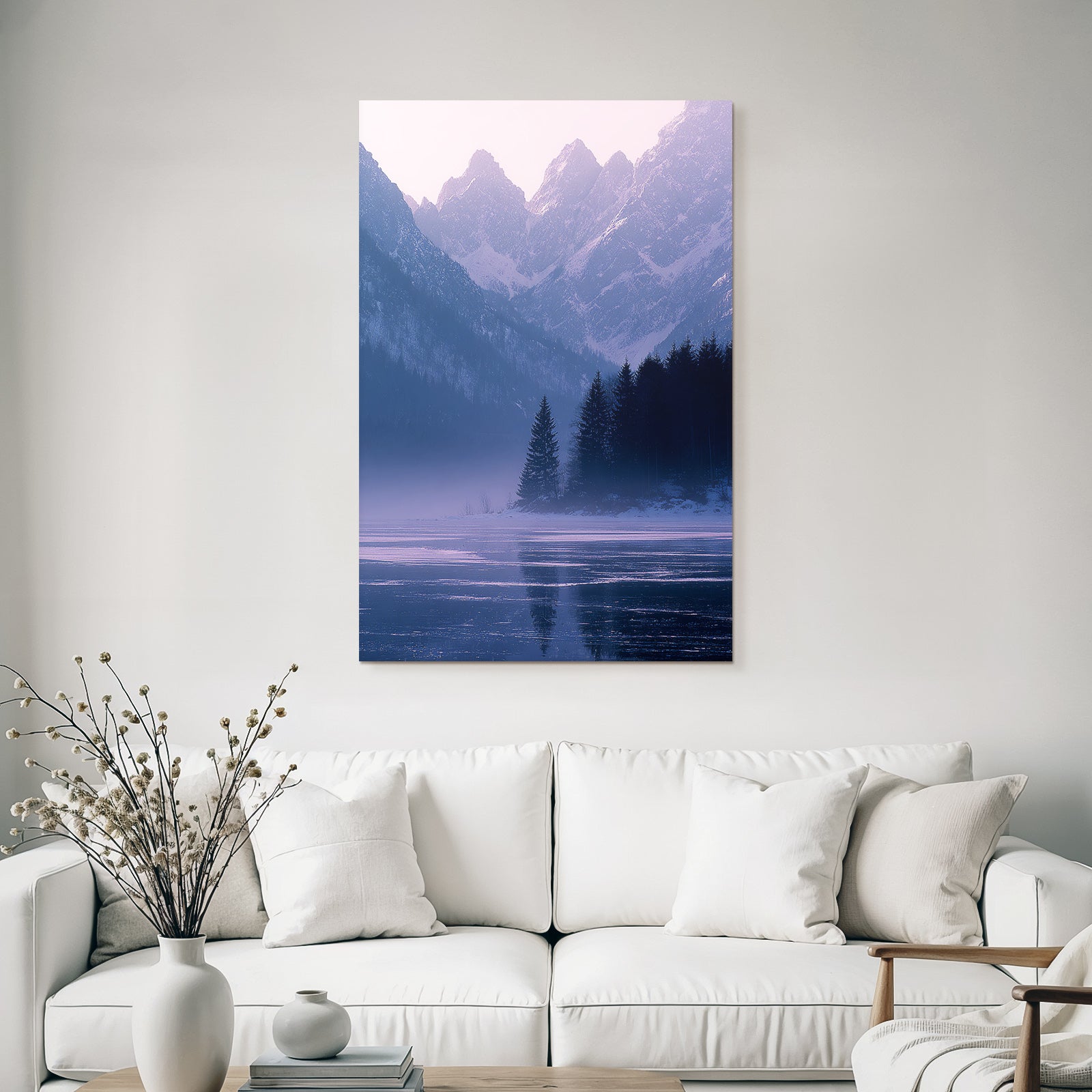 Winter snow-covered mountain landscape with lake in fog, tranquil atmosphere