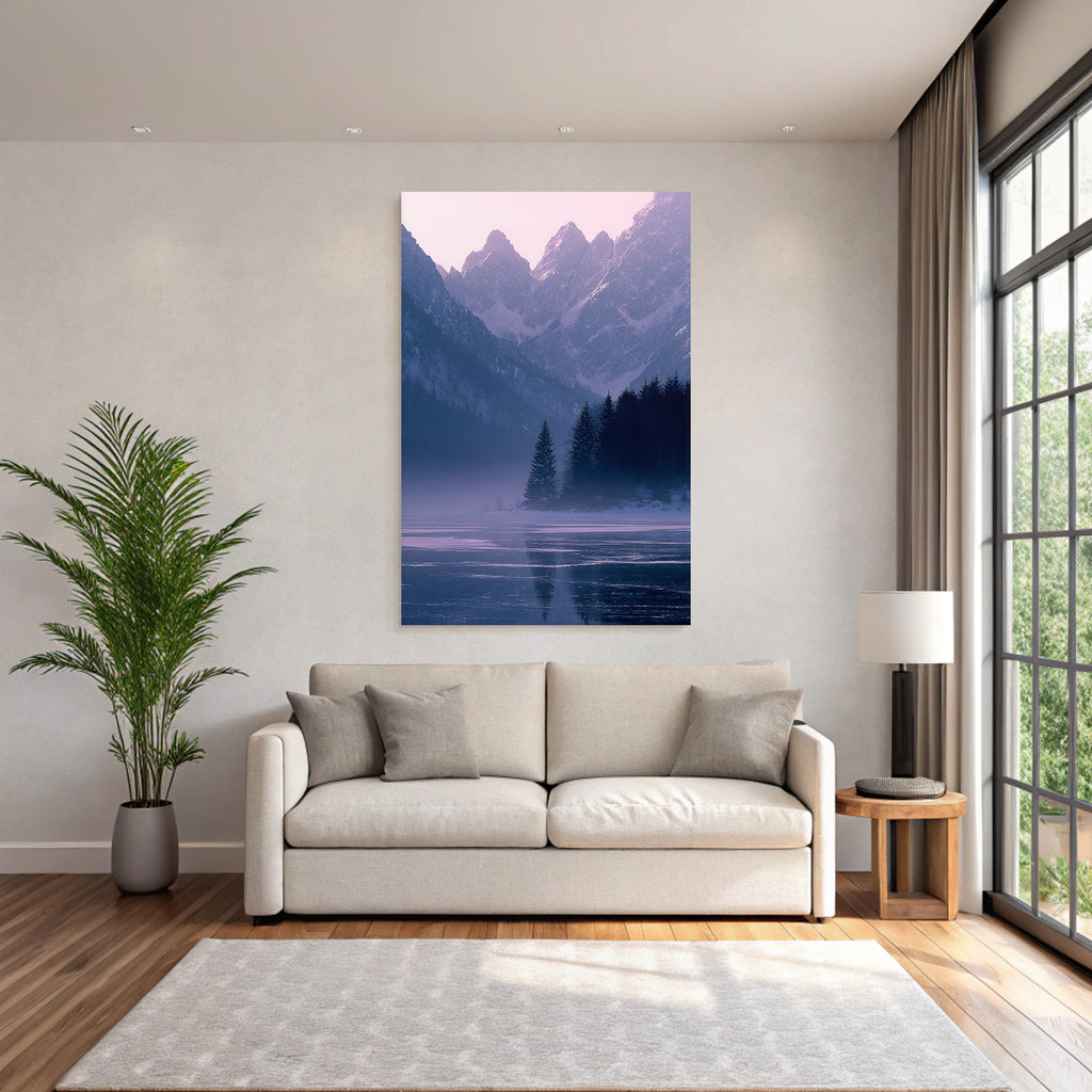 Winter snow-covered mountain landscape with lake in fog, tranquil atmosphere