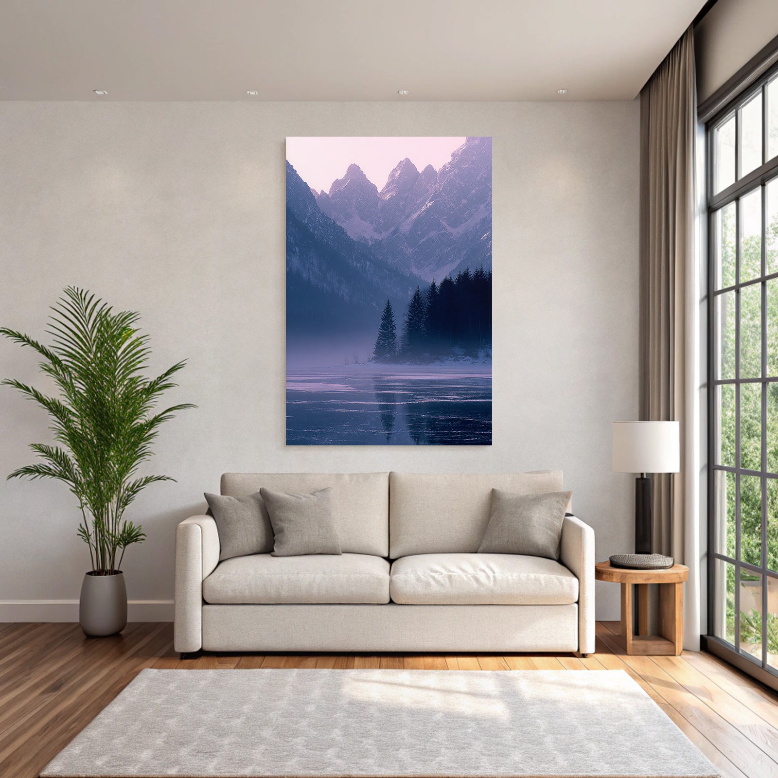 Winter snow-covered mountain landscape with lake in fog, tranquil atmosphere