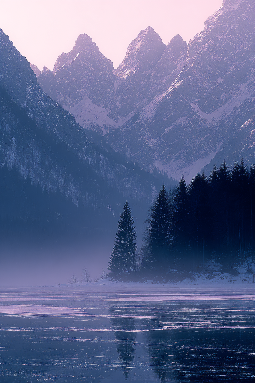 Winter Schneebedeckte Berglandschaft Mit See Im Nebel Ruhige Atmosphäre | Winterlandschaften | Landschaften