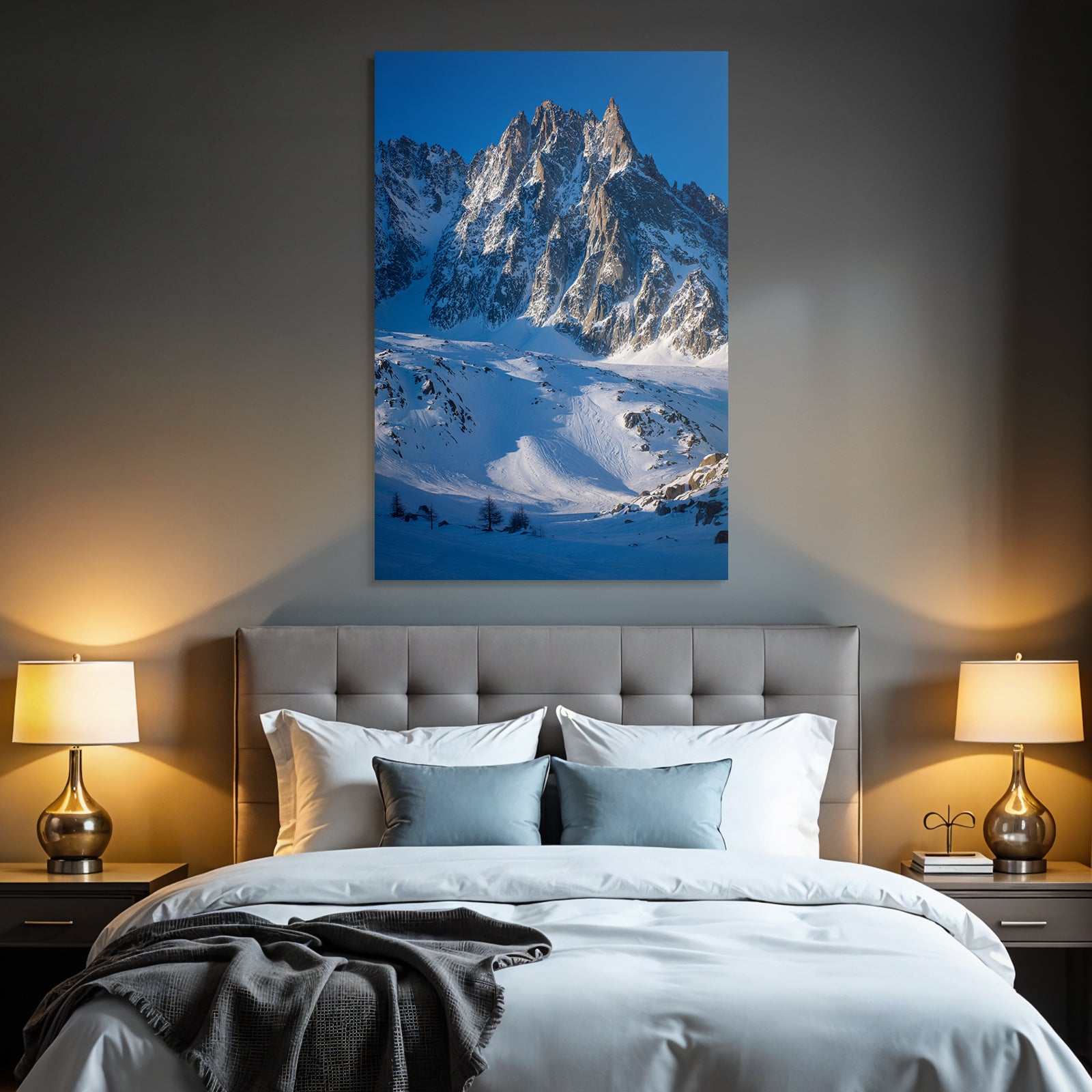 Winter snow-covered mountain landscape with cloudless sky