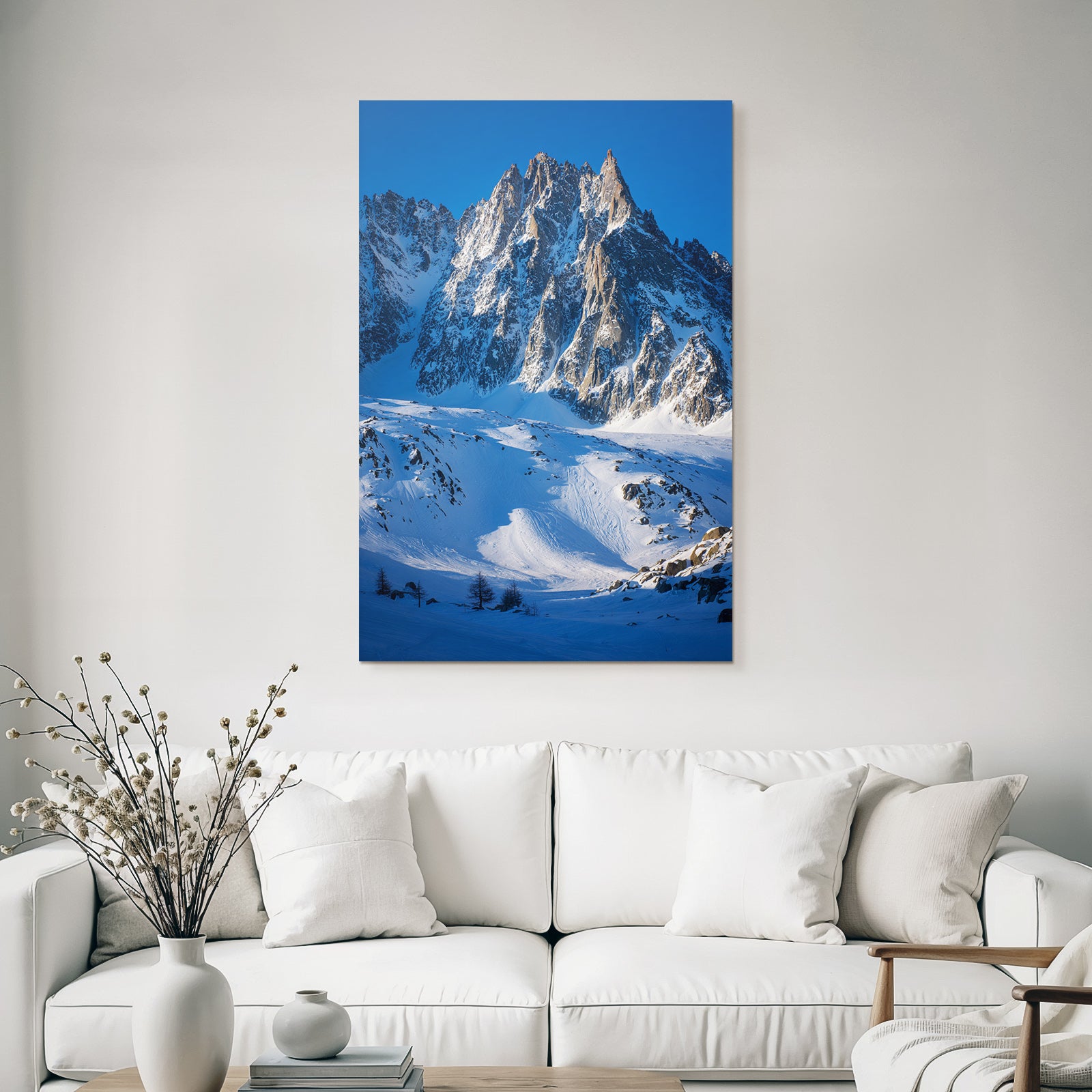 Winter snow-covered mountain landscape with cloudless sky