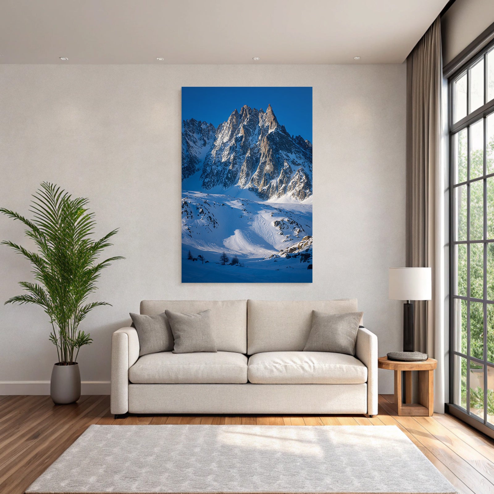 Winter snow-covered mountain landscape with cloudless sky