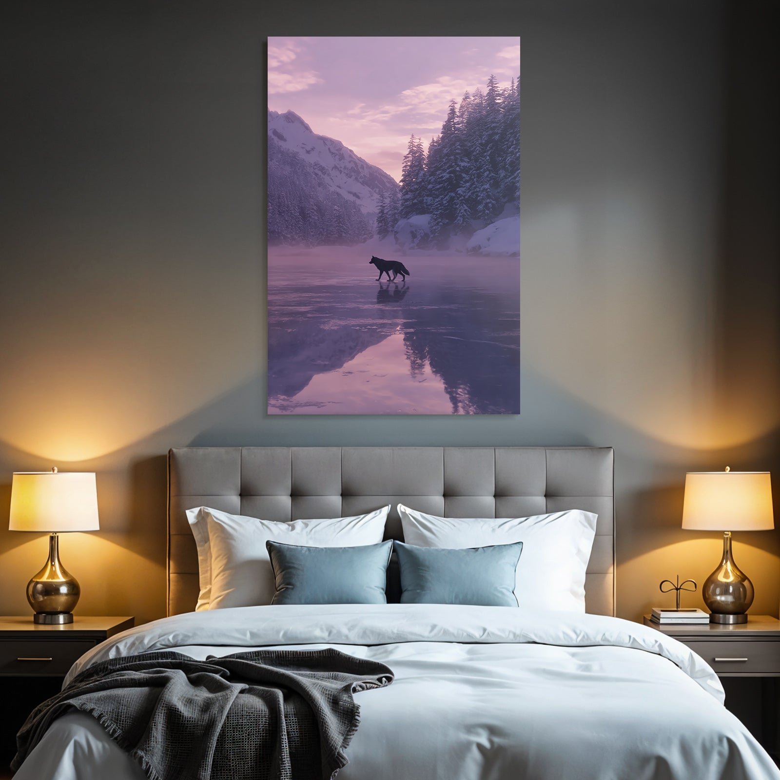 Winter landscape wolf on icy surface snow-covered mountains and trees
