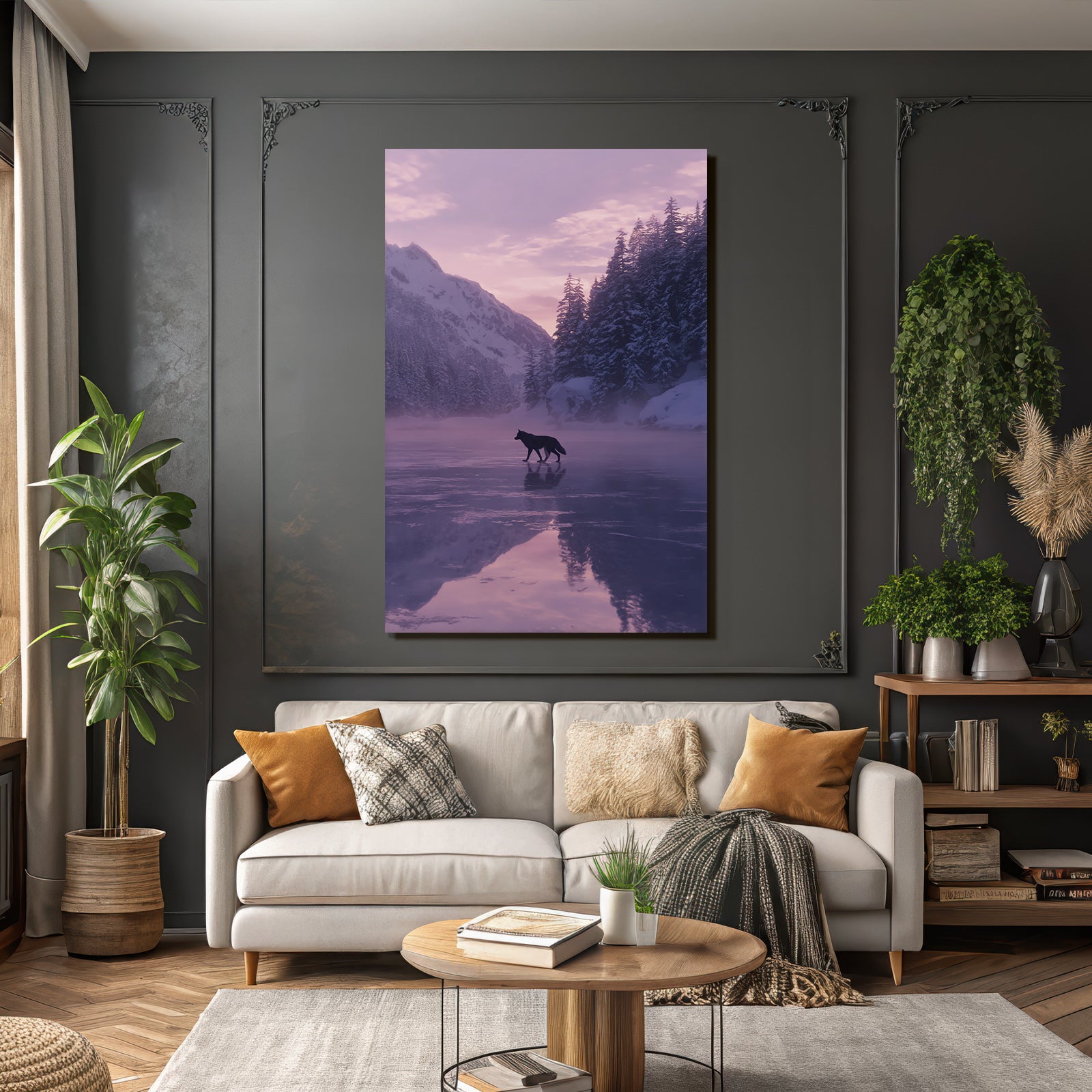 Winter landscape wolf on icy surface snow-covered mountains and trees