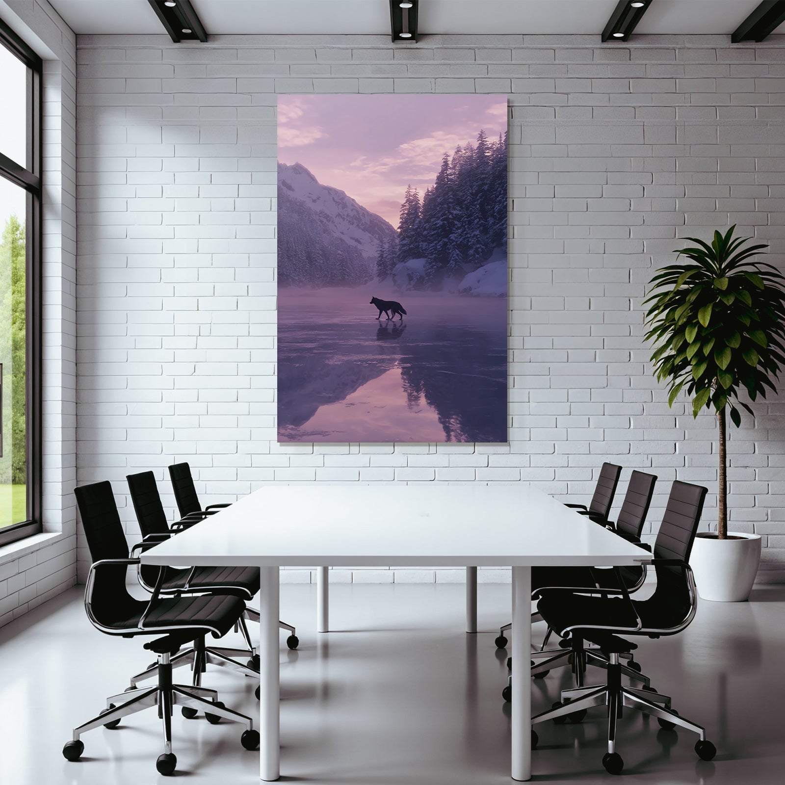 Winter landscape wolf on icy surface snow-covered mountains and trees
