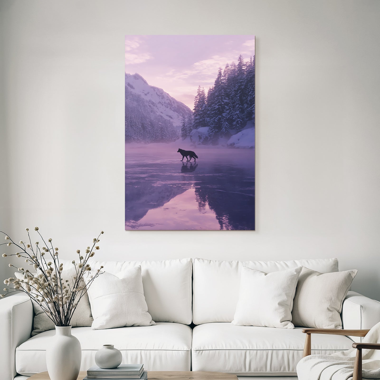 Winter landscape wolf on icy surface snow-covered mountains and trees