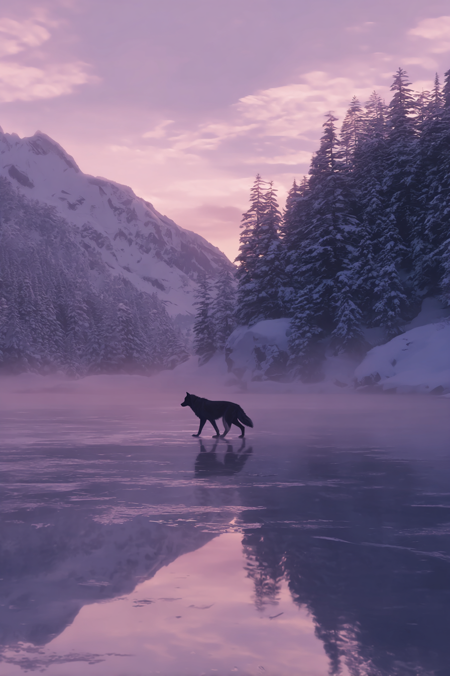 Winter Winterlandschaft Wolf Auf Eisiger Oberfläche Schneebedeckte Berge Und Bäume | Winterlandschaften | Landschaften