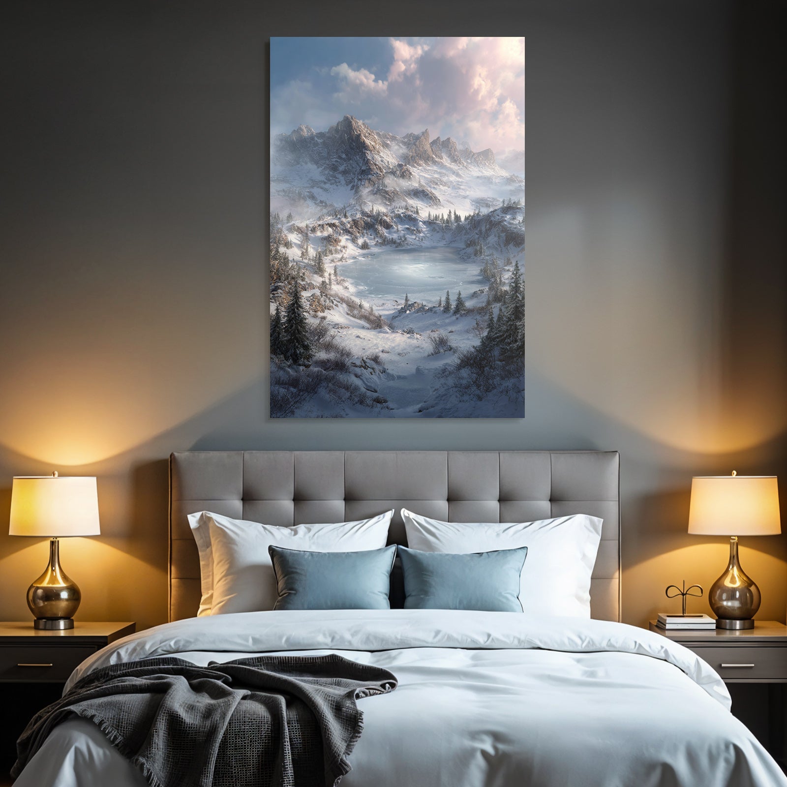 Winter scenes with snow-capped mountains, icy lake, and evergreen trees